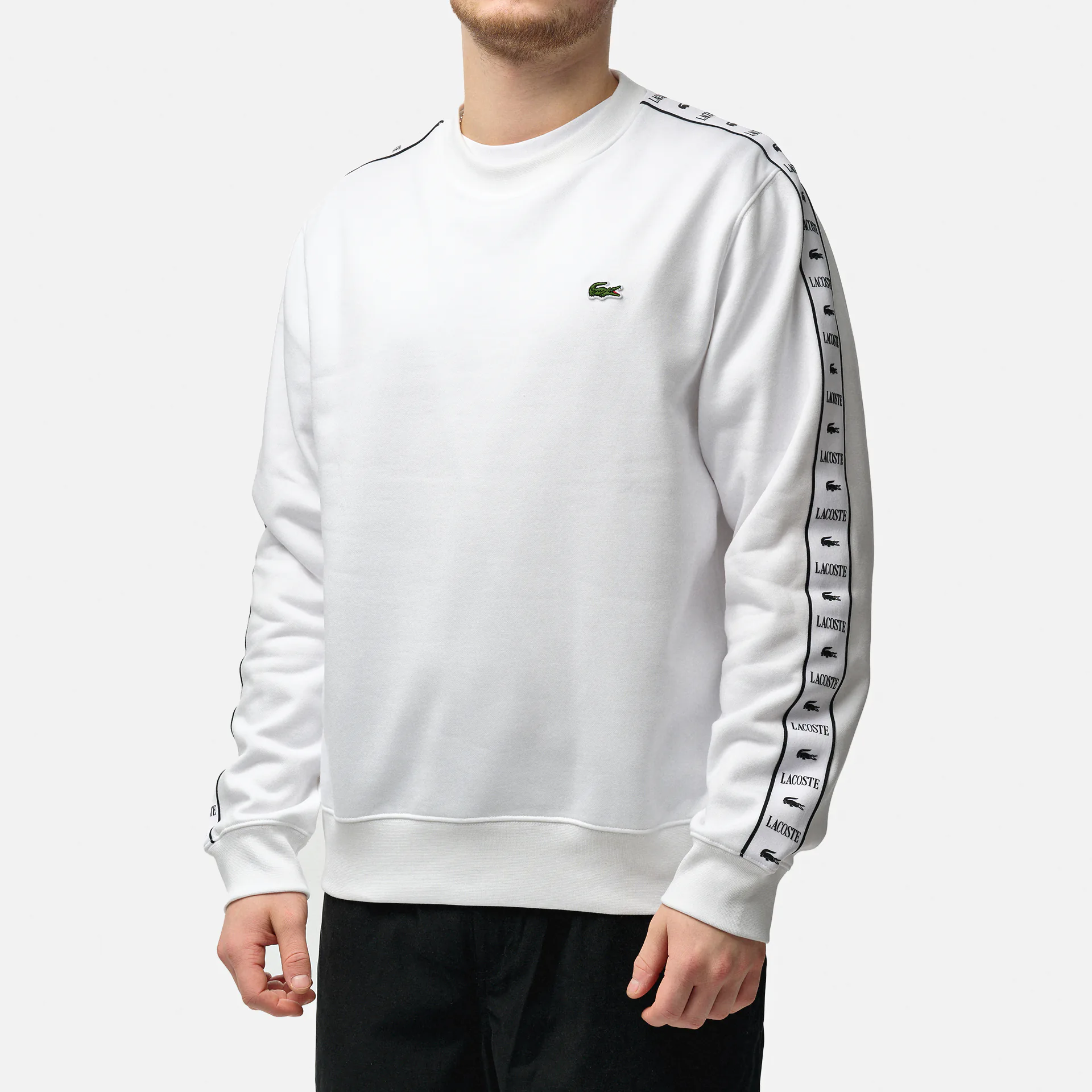  Lacoste Logo Stripe Sleeve Sweatshirt White