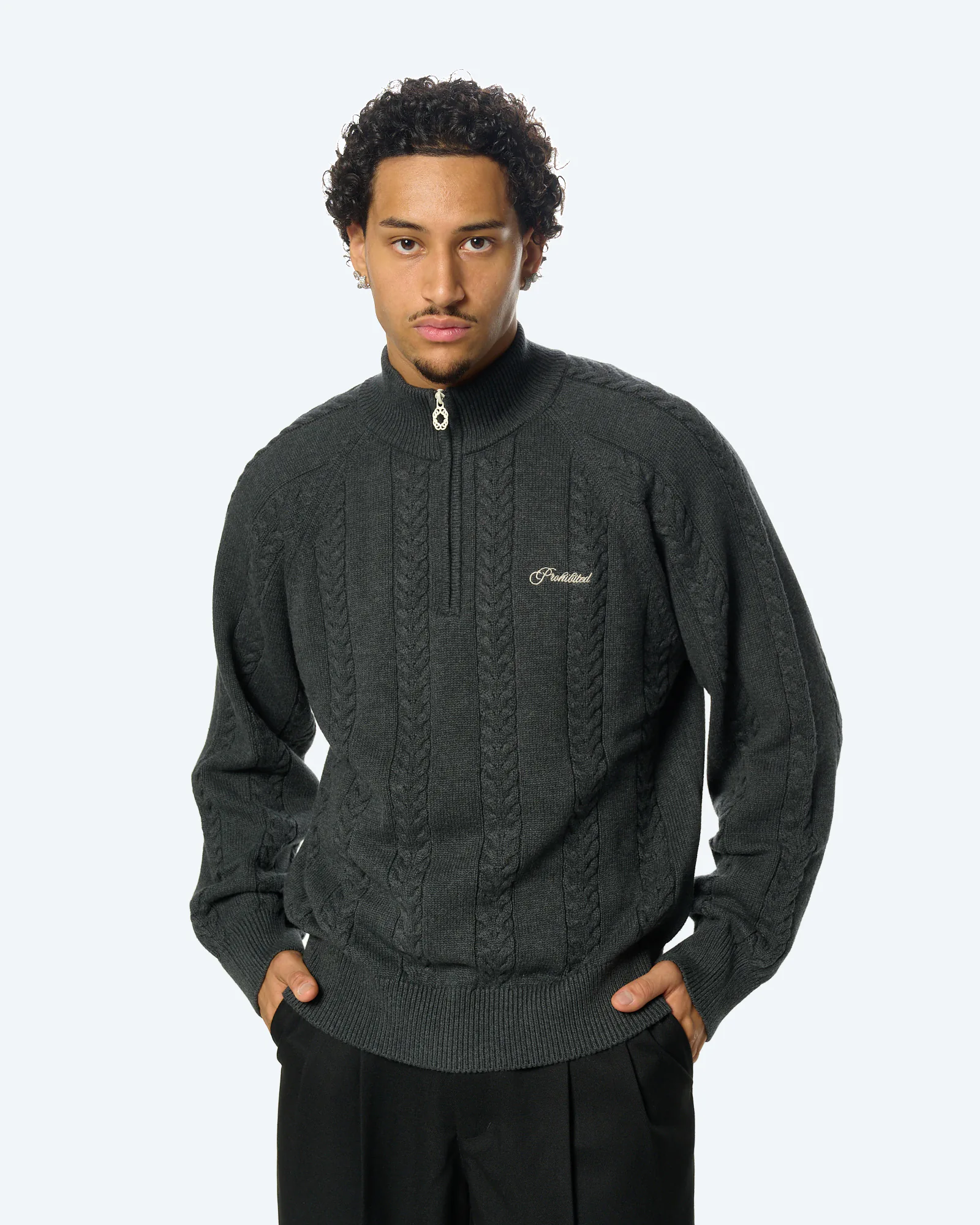 Cable Knit Quarter-Zip Dark Grey
