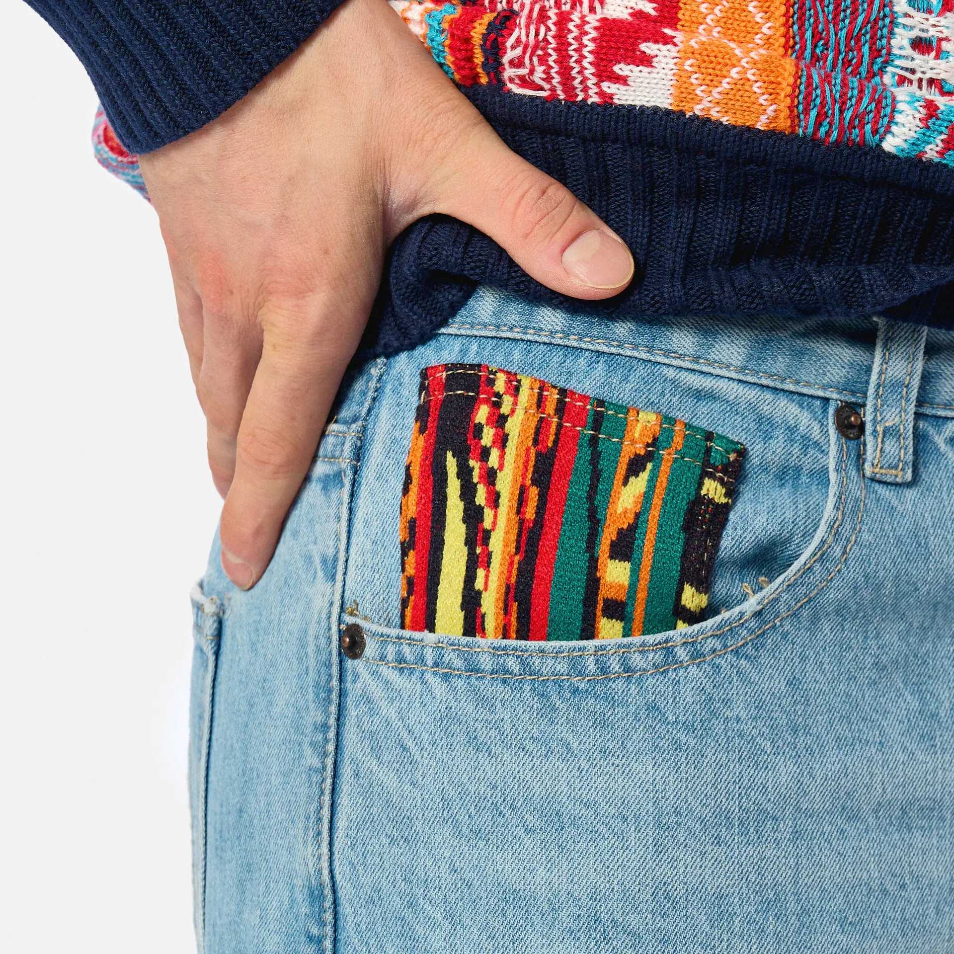 Colucci Baggy Jeans Pants Knit Detail Light Blue