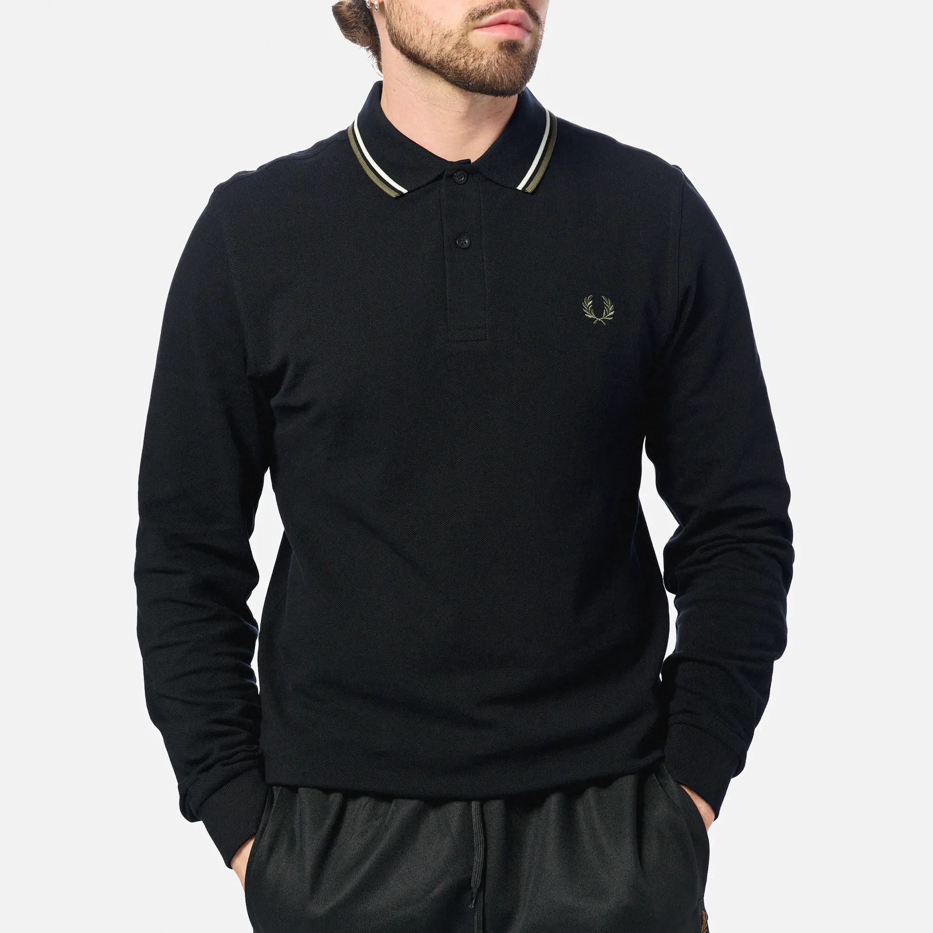 Fred Perry Twin Tipped Longsleeve Shirt Black/Ecru/Laurel Wreath Green