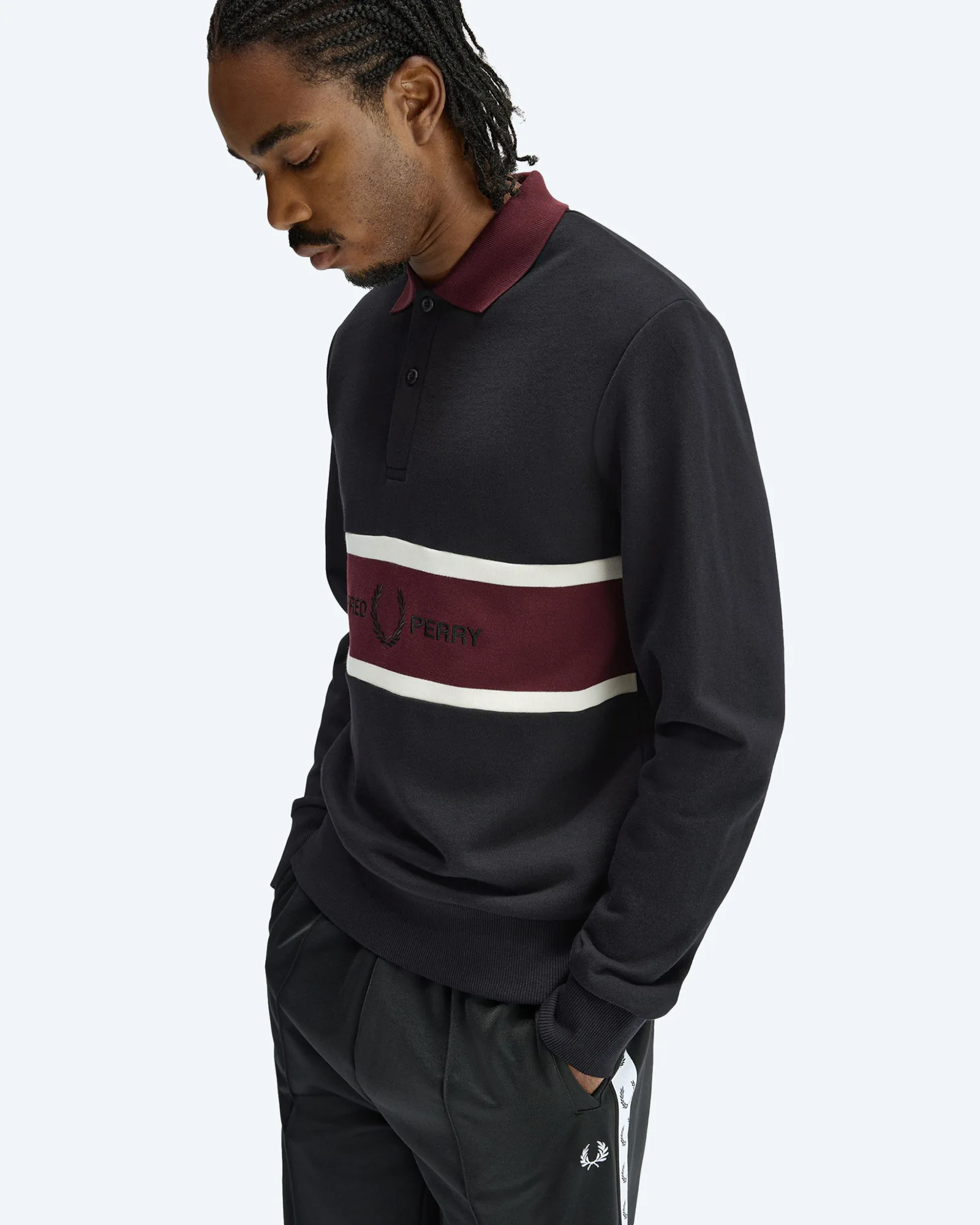 Fred Perry Embroidered Panel Collared Black 