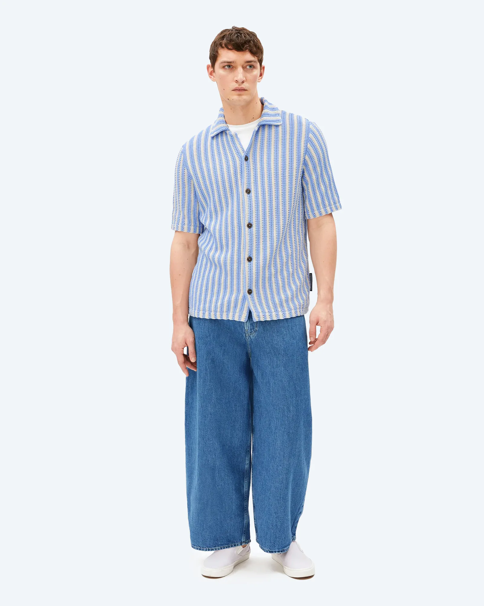 ARMEDANGELS STRIPED KNIT POLOSHIRT Pure-Wedgwood