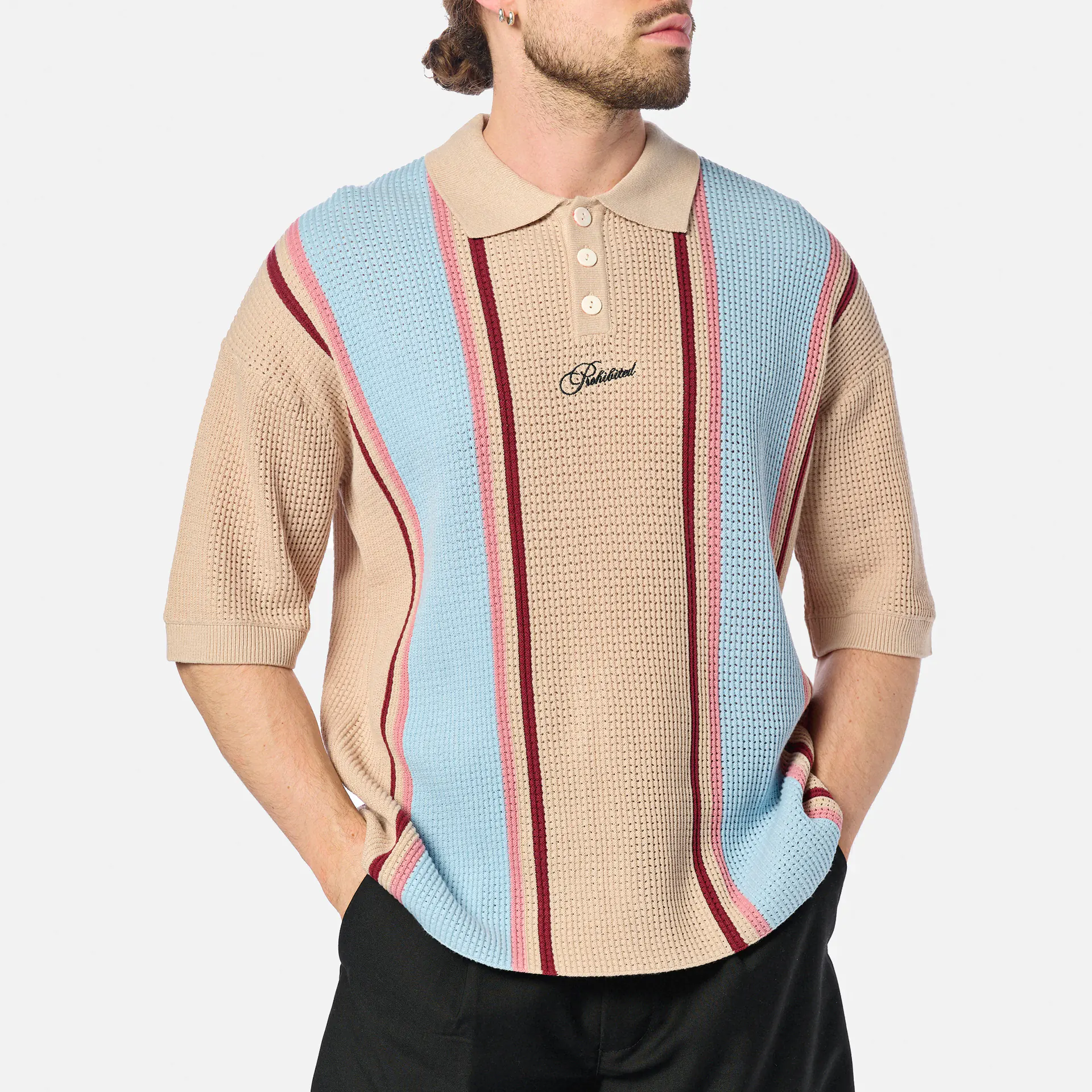 Prohibited Charlies Knitted Polo Cream/Purple