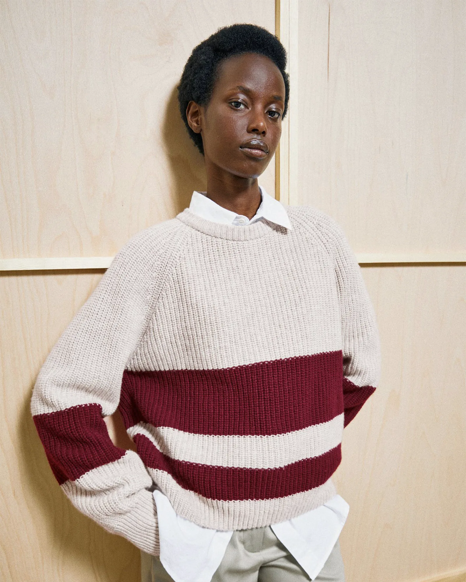 Rib Striped Knit Sweatshirt Honey Melange/Velvet Red