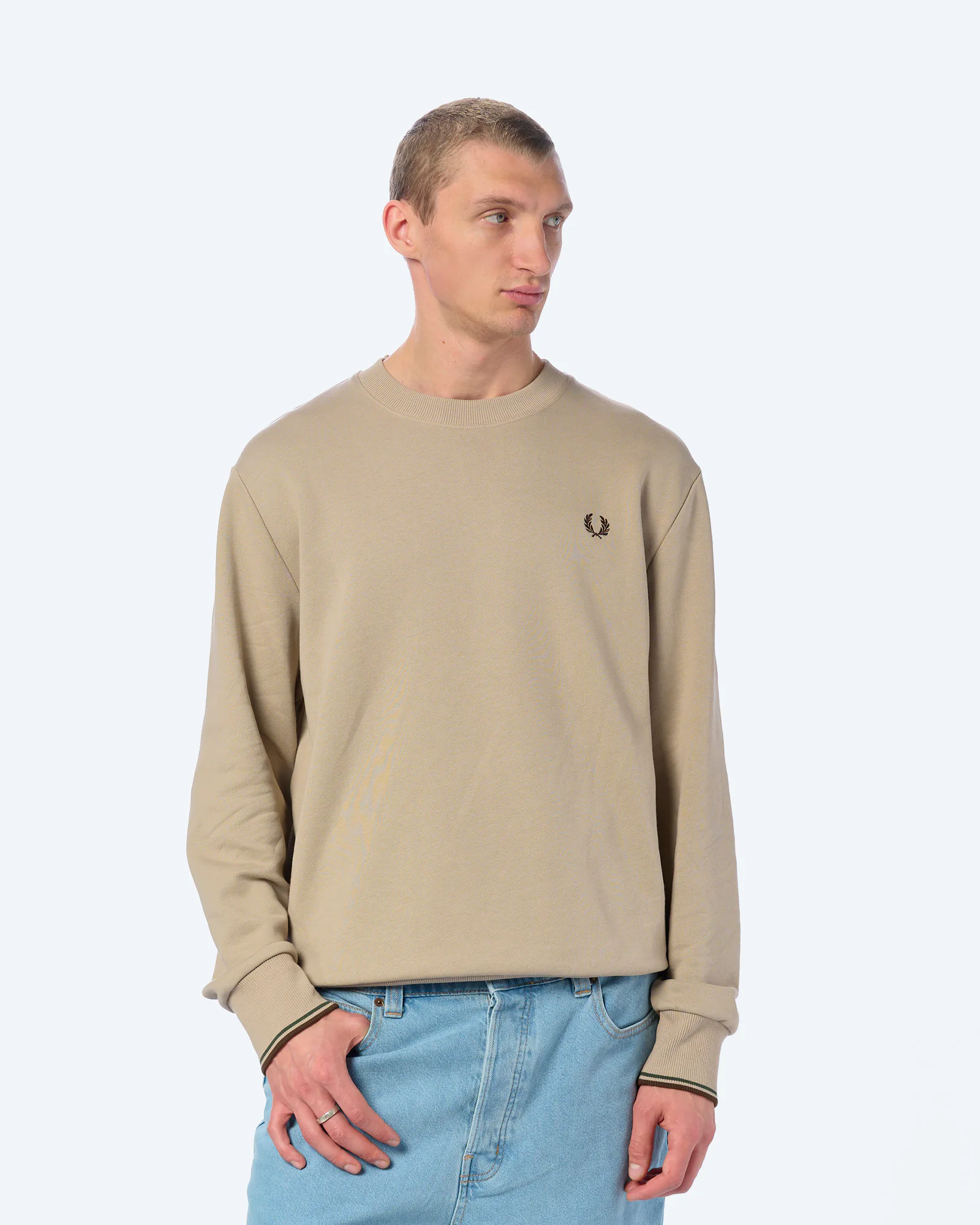 Fred Perry Crew Neck Sweatshirt Warm Oat/Court Green/Burnt Tobacco Fred Perry Crew Neck Sweatshirt Warm Oat/Court Green/Burnt Tobacco
