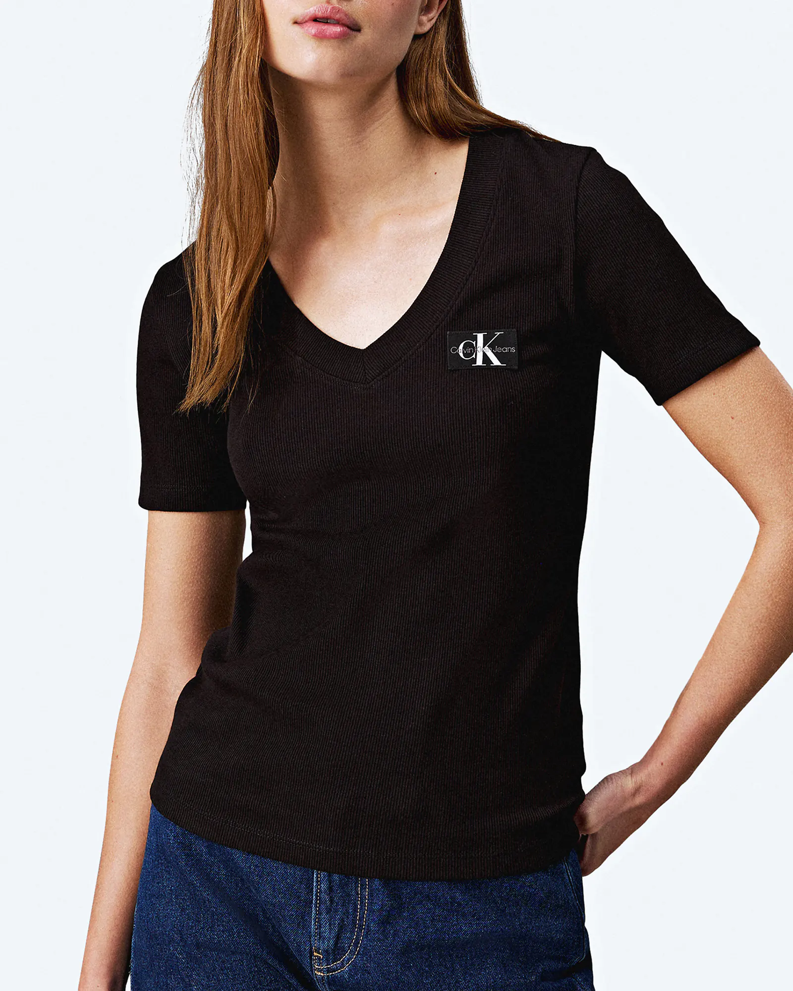 Calvin Klein Jeans Woven Label Rib V Neck T Shirt Black