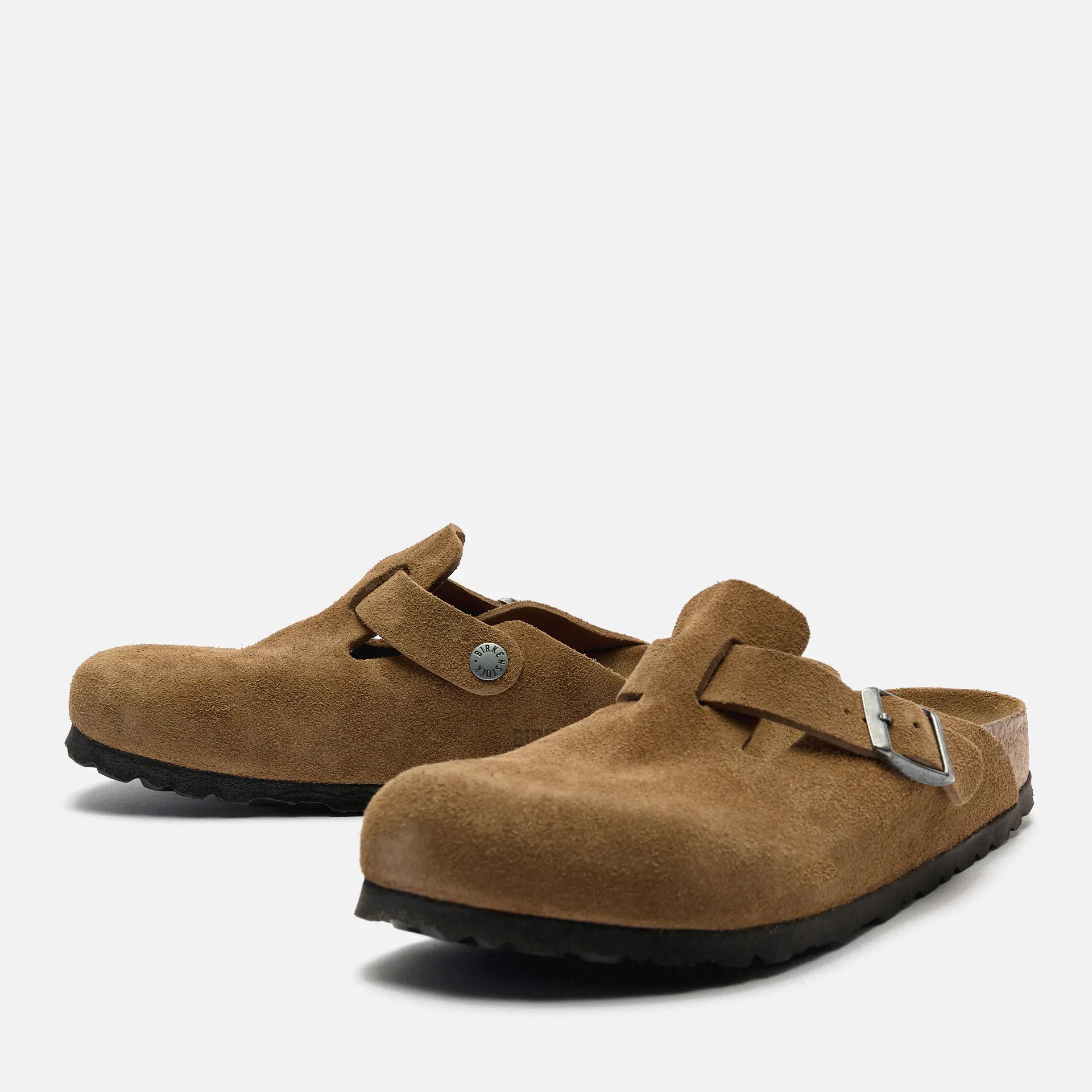Birkenstock Boston Soft Footbed Suede Leather (Narrow Fit) Sandals Dark Tea Tonal FB