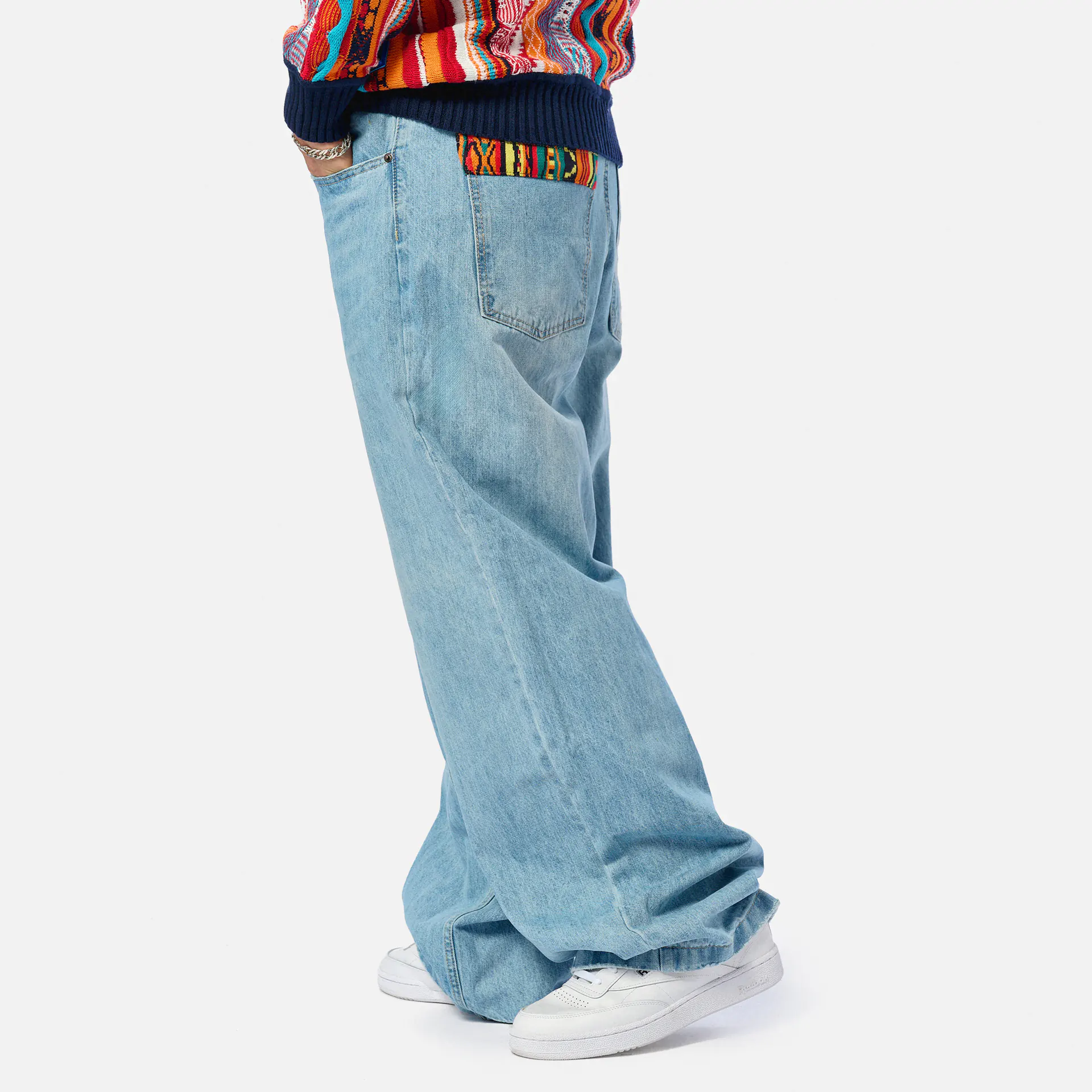 Colucci Baggy Jeans Pants Knit Detail Light Blue