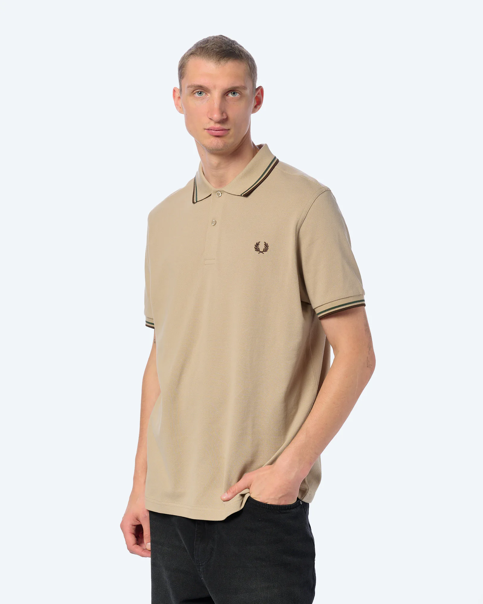 Fred Perry Twin Tipped Polo Shirt Warm Oat/Court Green/Burnt Tobacco