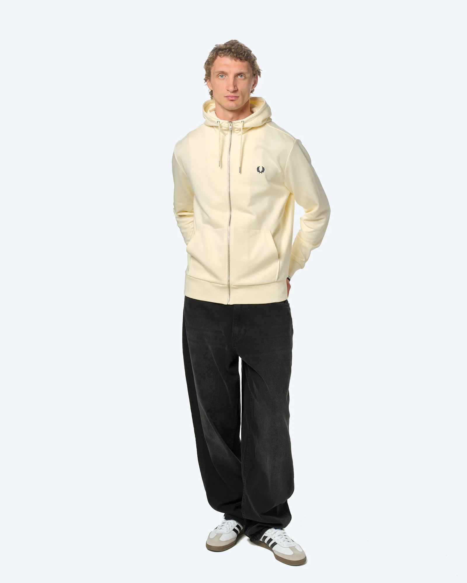 Fred Perry Hooded Zip Through Sweatshirt Ecru / Dusky Blue / French Navy
