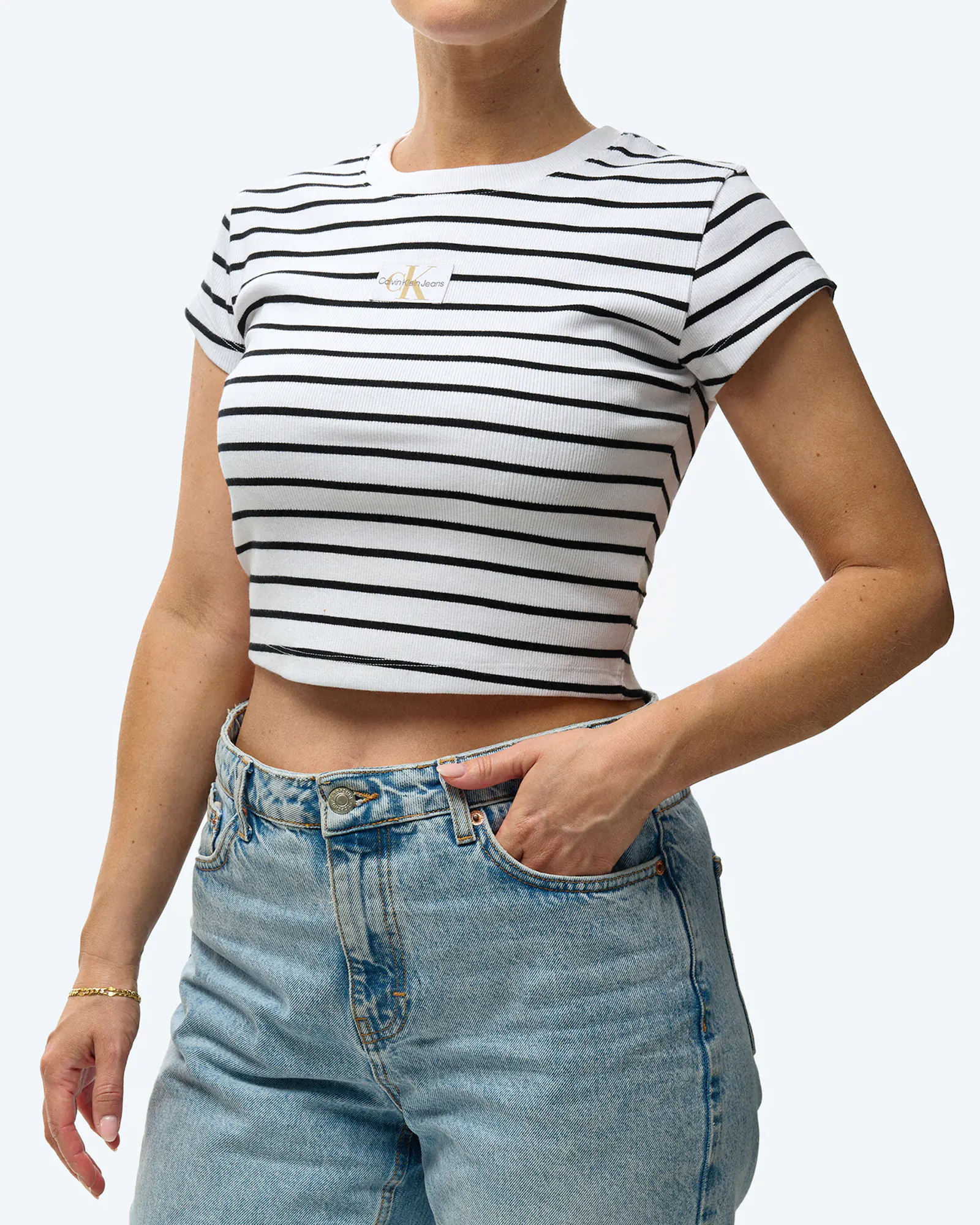 Calvin Klein Jeans Woven Label Rib Baby T Shirt Black White Striped