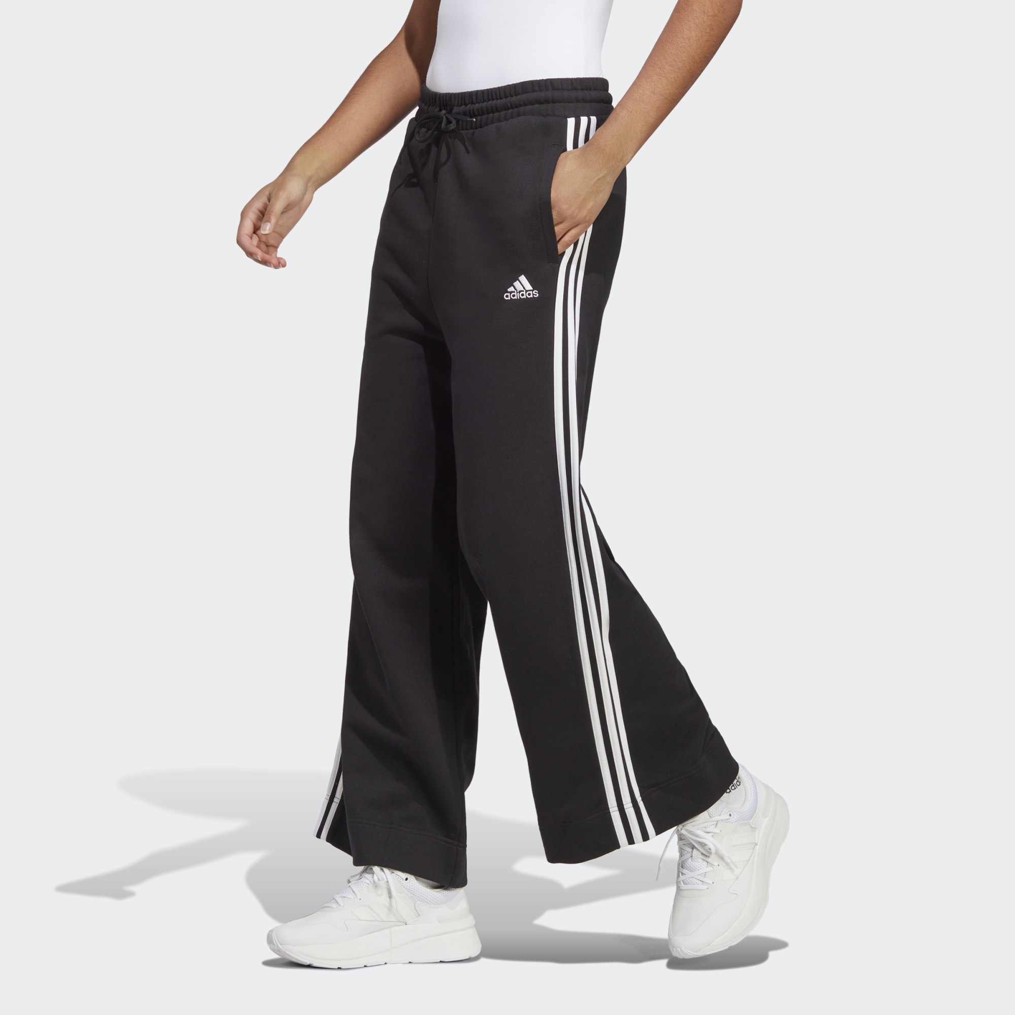 adidas Essentials Wide 3 Stripe French Terry Track Pants Black/White