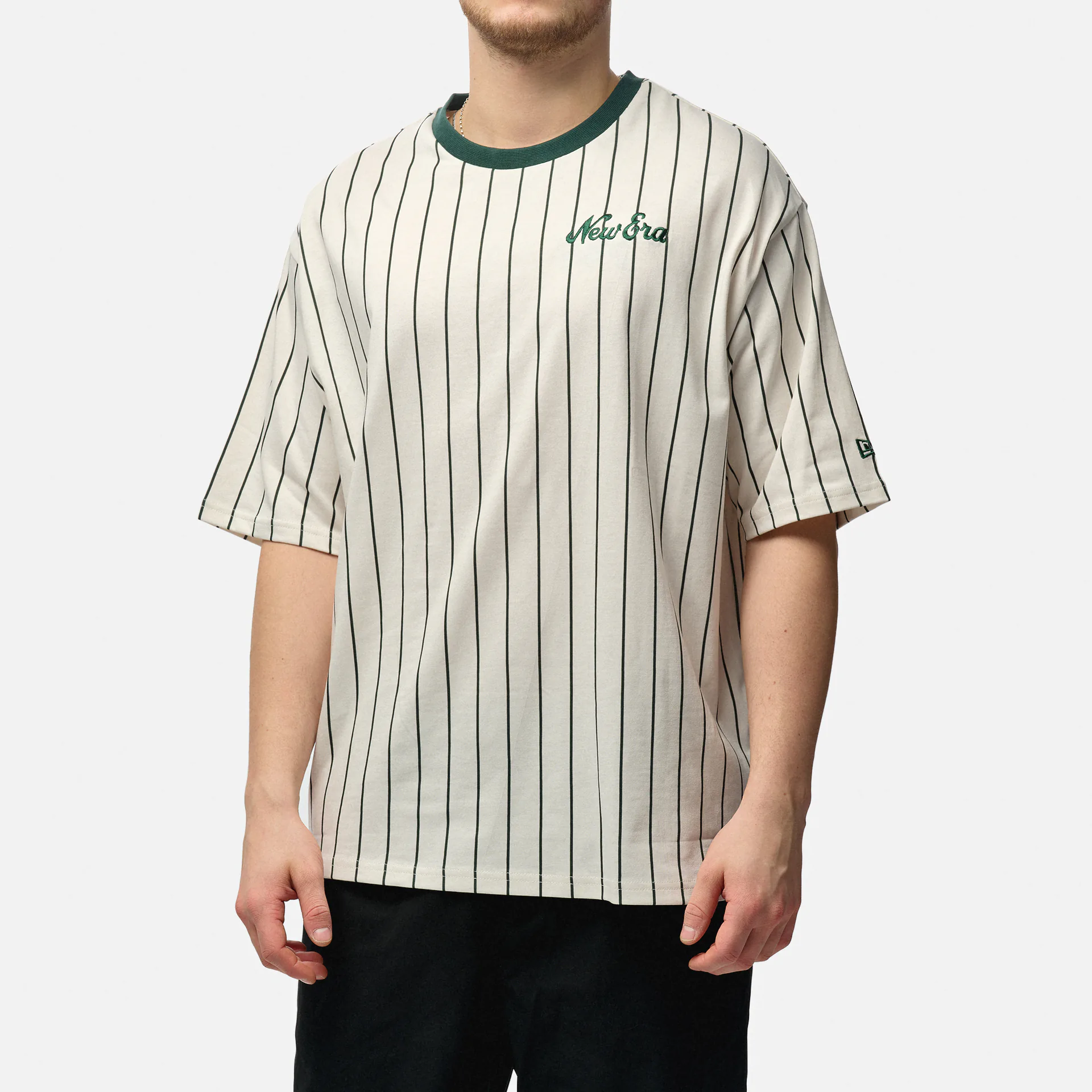 New Era Pinstripe Oversize T-Shirt Off White/Dark Green