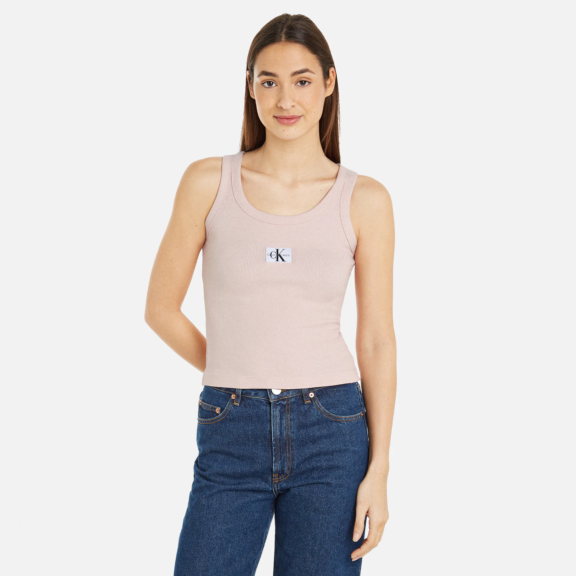 Calvin Klein Jeans Woven Label Rib Tank Top Sepia Rose