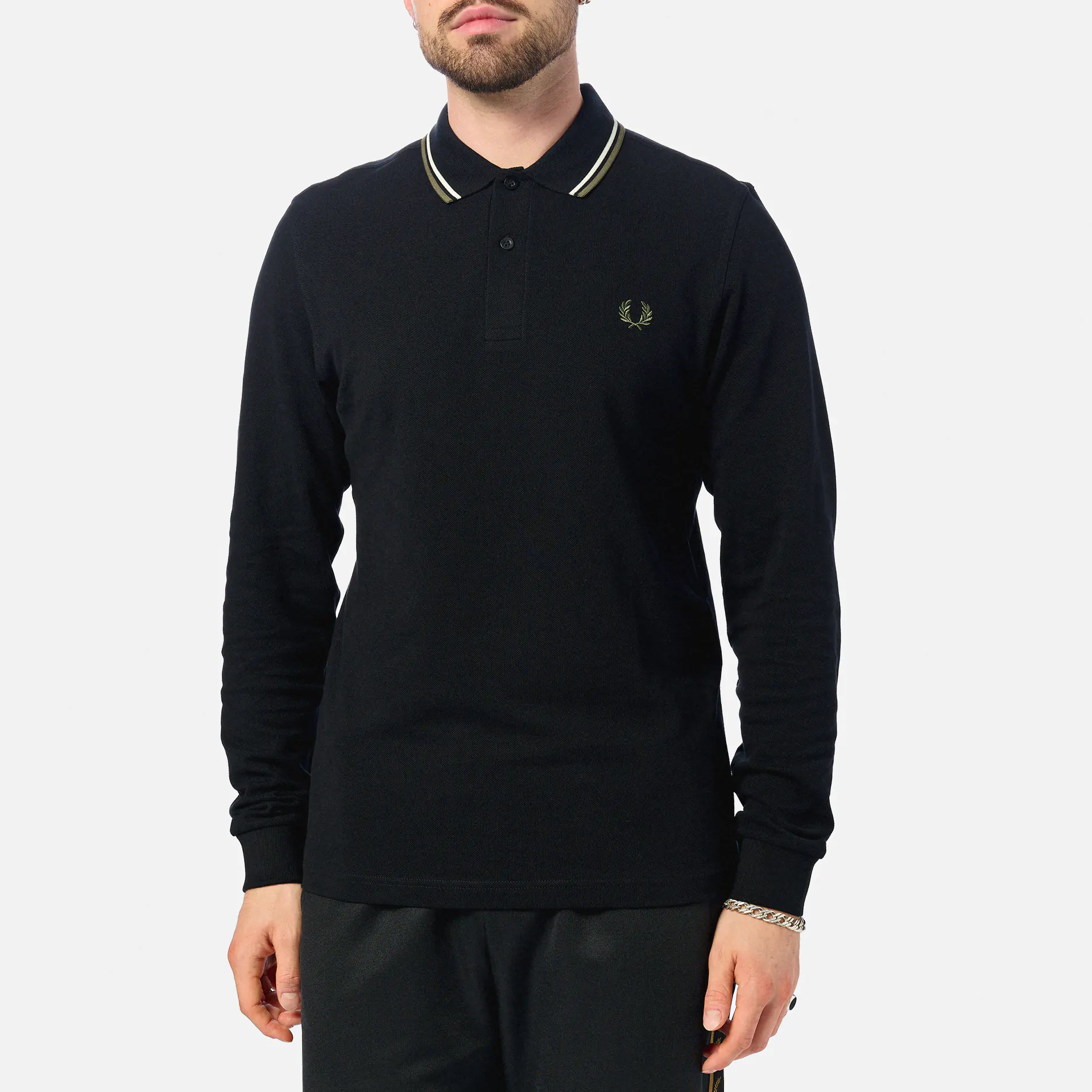 Fred Perry Twin Tipped Longsleeve Shirt Black/Ecru/Laurel Wreath Green