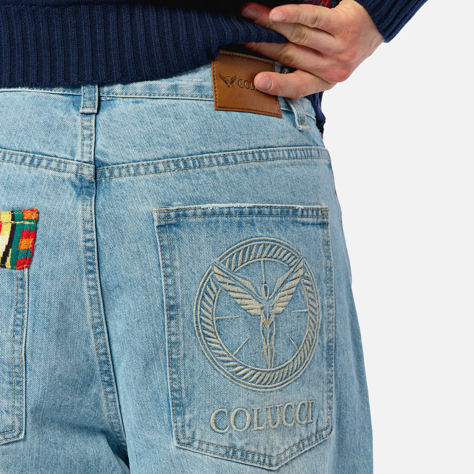 Colucci Baggy Jeans Pants Knit Detail Light Blue