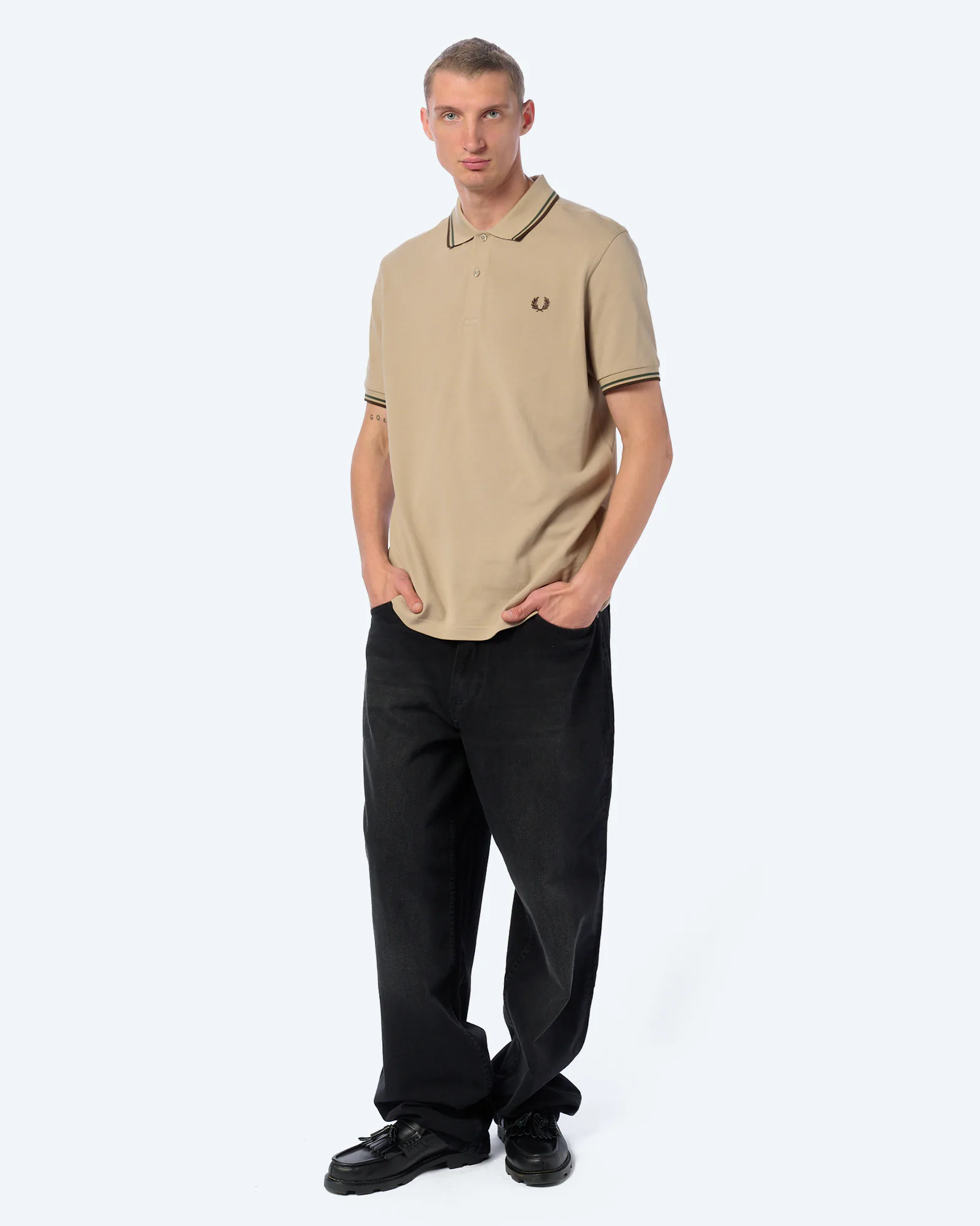 Fred Perry Twin Tipped Polo Shirt Warm Oat/Court Green/Burnt Tobacco