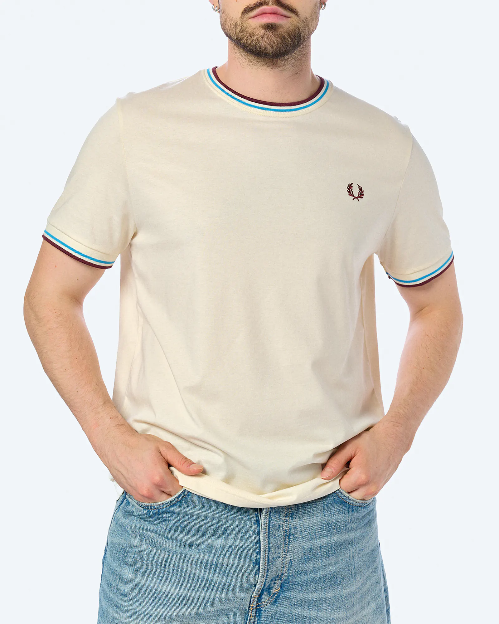 Fred Perry Twin Tipped T-Shirt Ecru/Court Blue/Oxblood