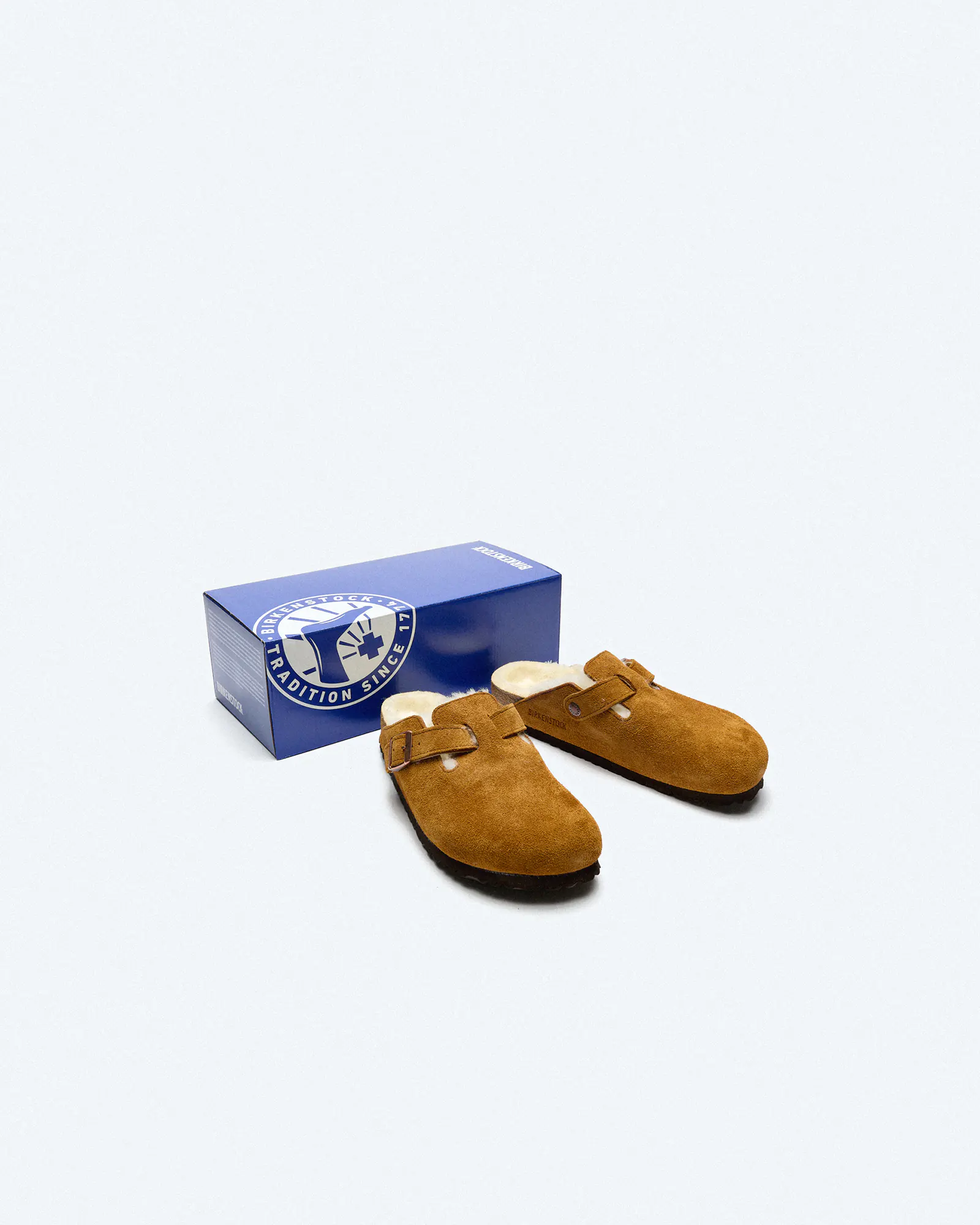 Birkenstock Boston Narrow Shearling Suede Leather Fur Sandals Mink