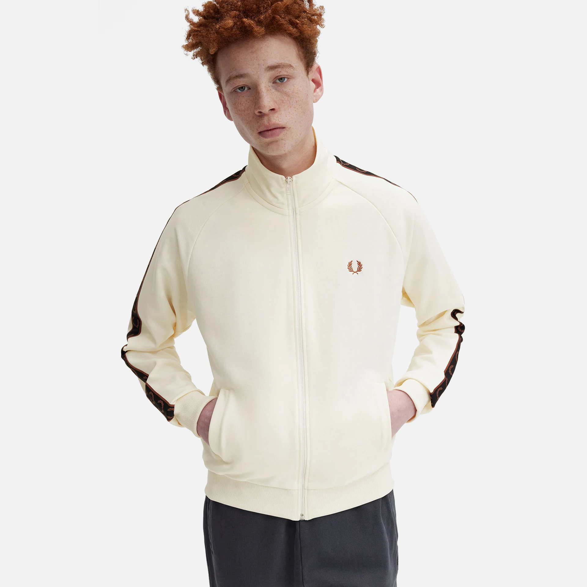 Fred Perry Contrast Taped Track Jacket Ecru/Whiskey Brown