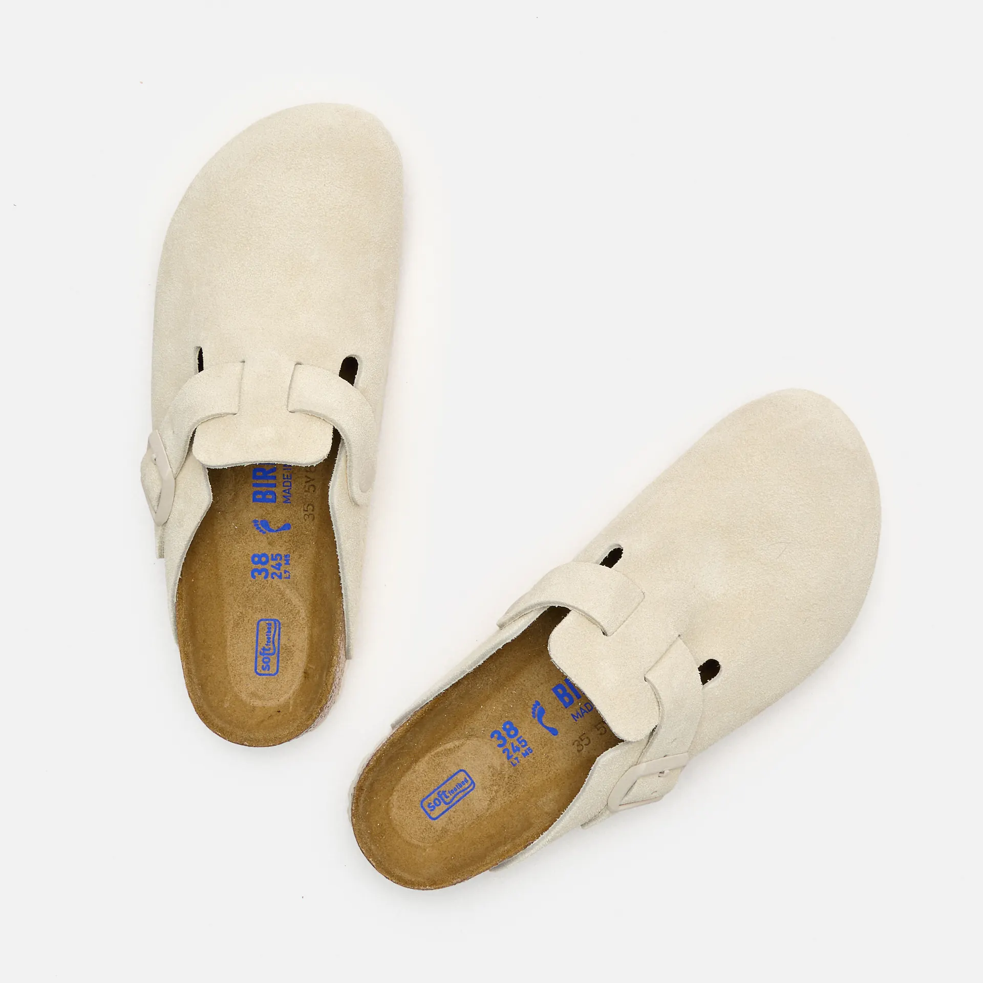 Birkenstock Boston Soft Footbed Suede Leather Narrow Sandals Antique White