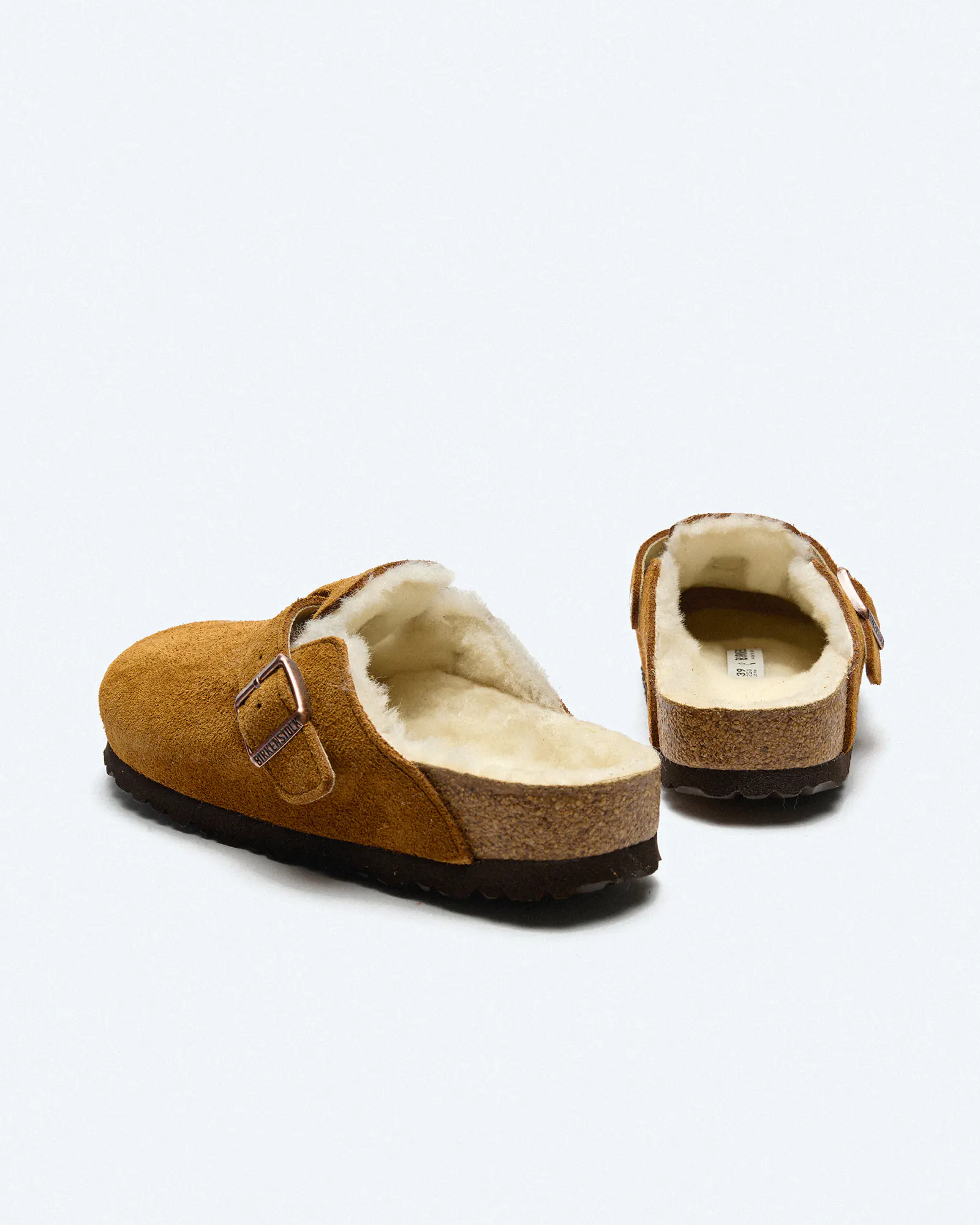 Birkenstock Boston Narrow Shearling Suede Leather Fur Sandals Mink