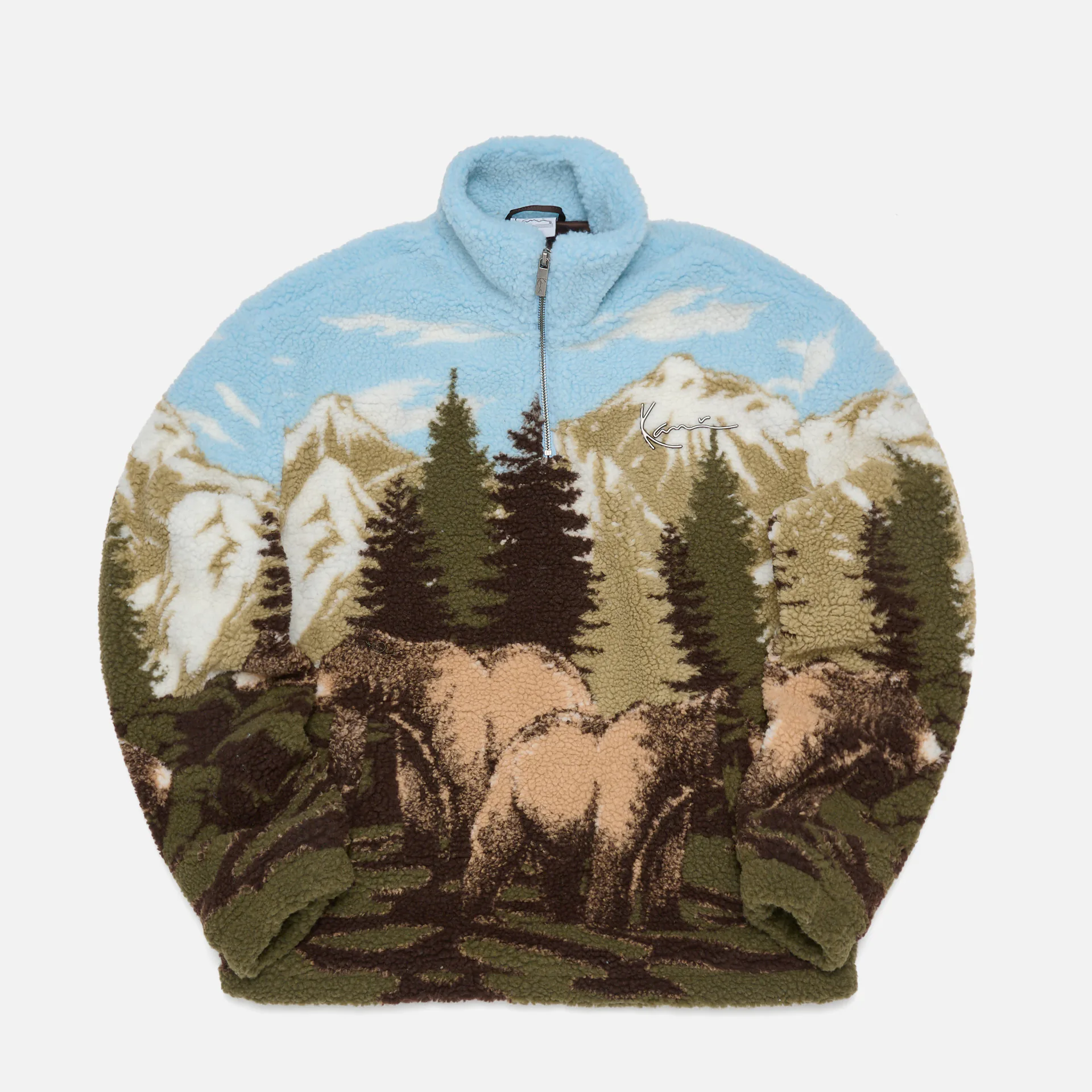 Karl Kani Metal Signature Landscape Teddy Half Zip Sweater Olive/Brown/Blue