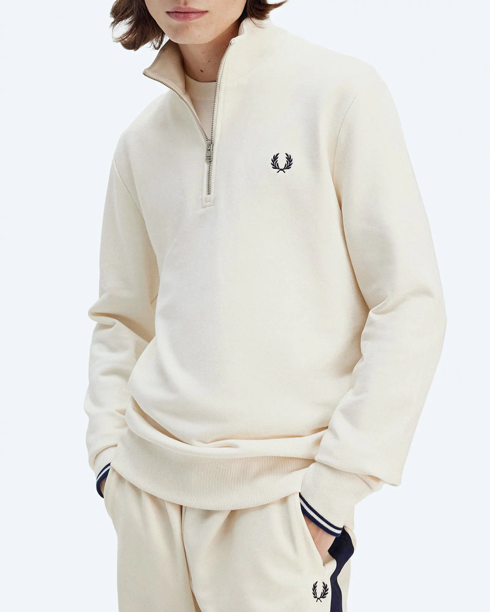 Fred Perry Half Zip Sweatshirt Ecru/Tennis Blue
