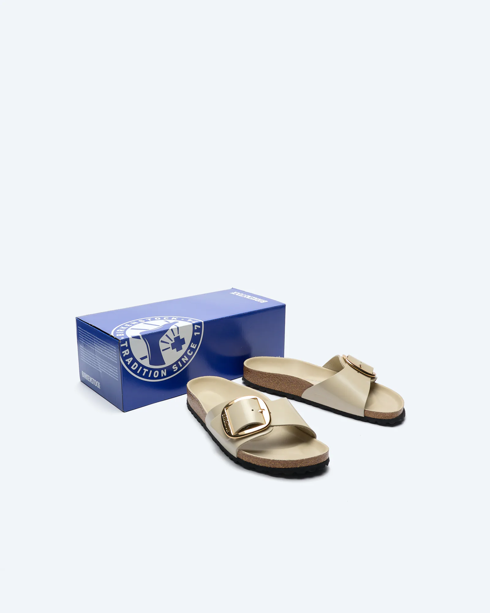 Birkenstock Madrid Big Buckle Natural Leather (Narrow Fit) Sandals High Shine Oyster