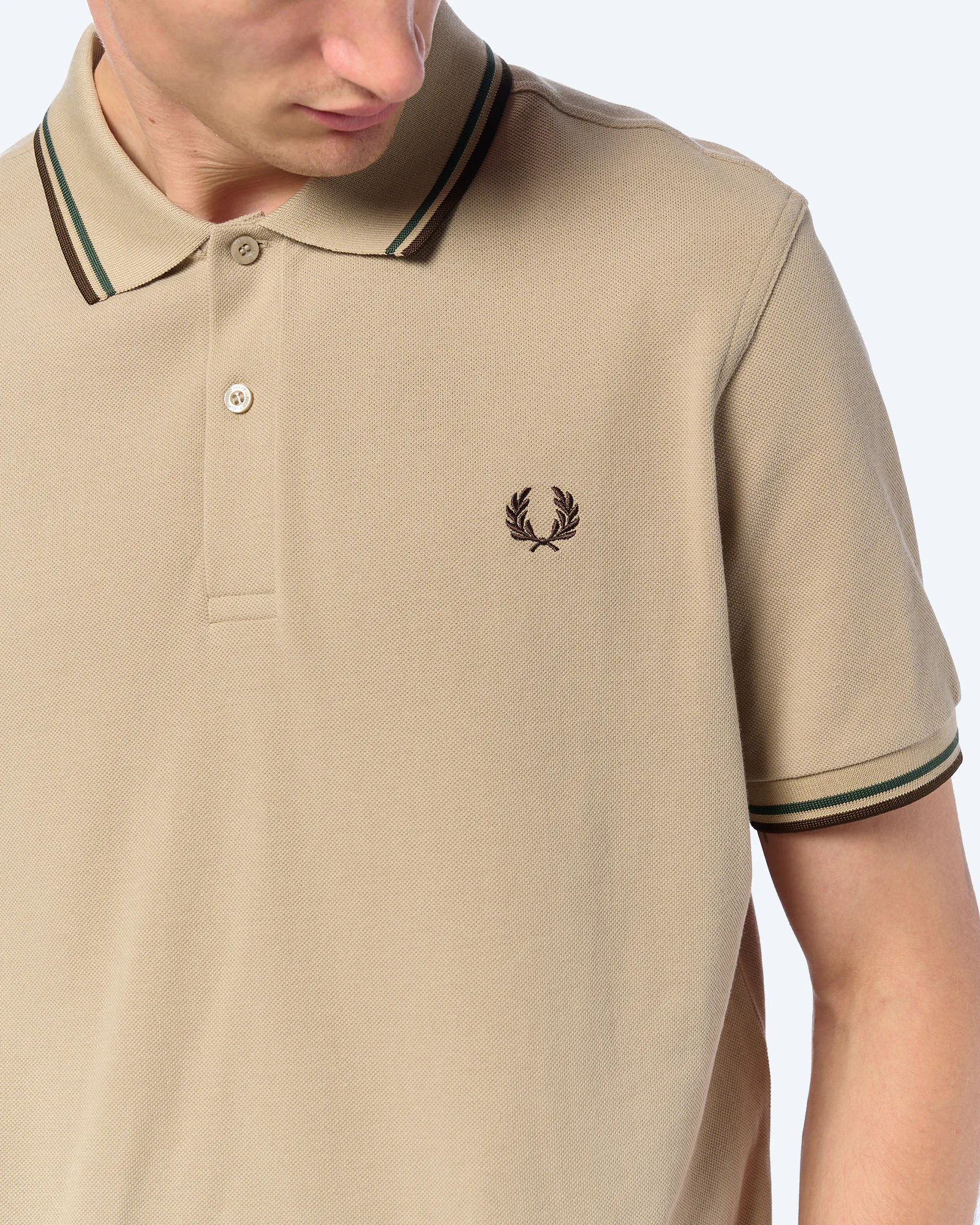 Fred Perry Twin Tipped Polo Shirt Warm Oat/Court Green/Burnt Tobacco Fred Perry Twin Tipped Polo Shirt Warm Oat/Court Green/Burnt Tobacco