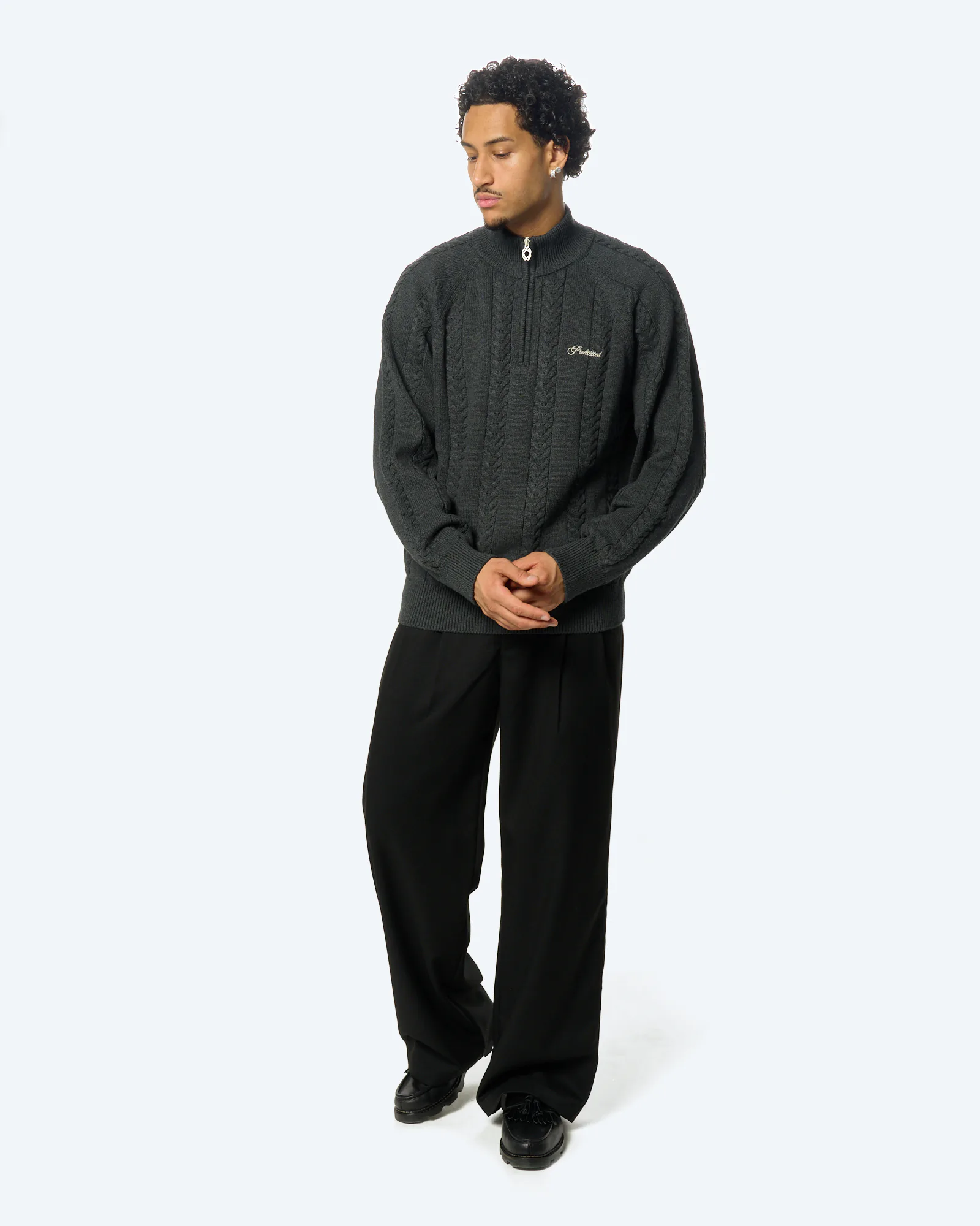 Cable Knit Quarter-Zip Dark Grey