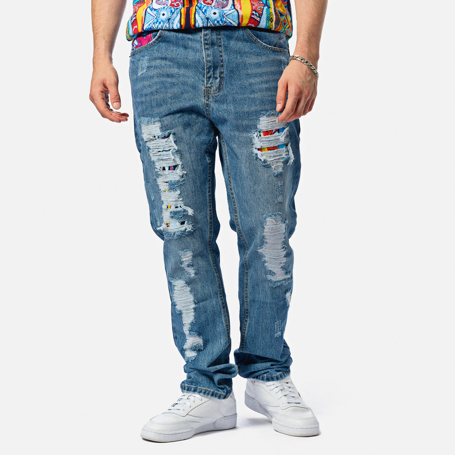 Colucci Straight Jeans Pants Distressed Mid Blue