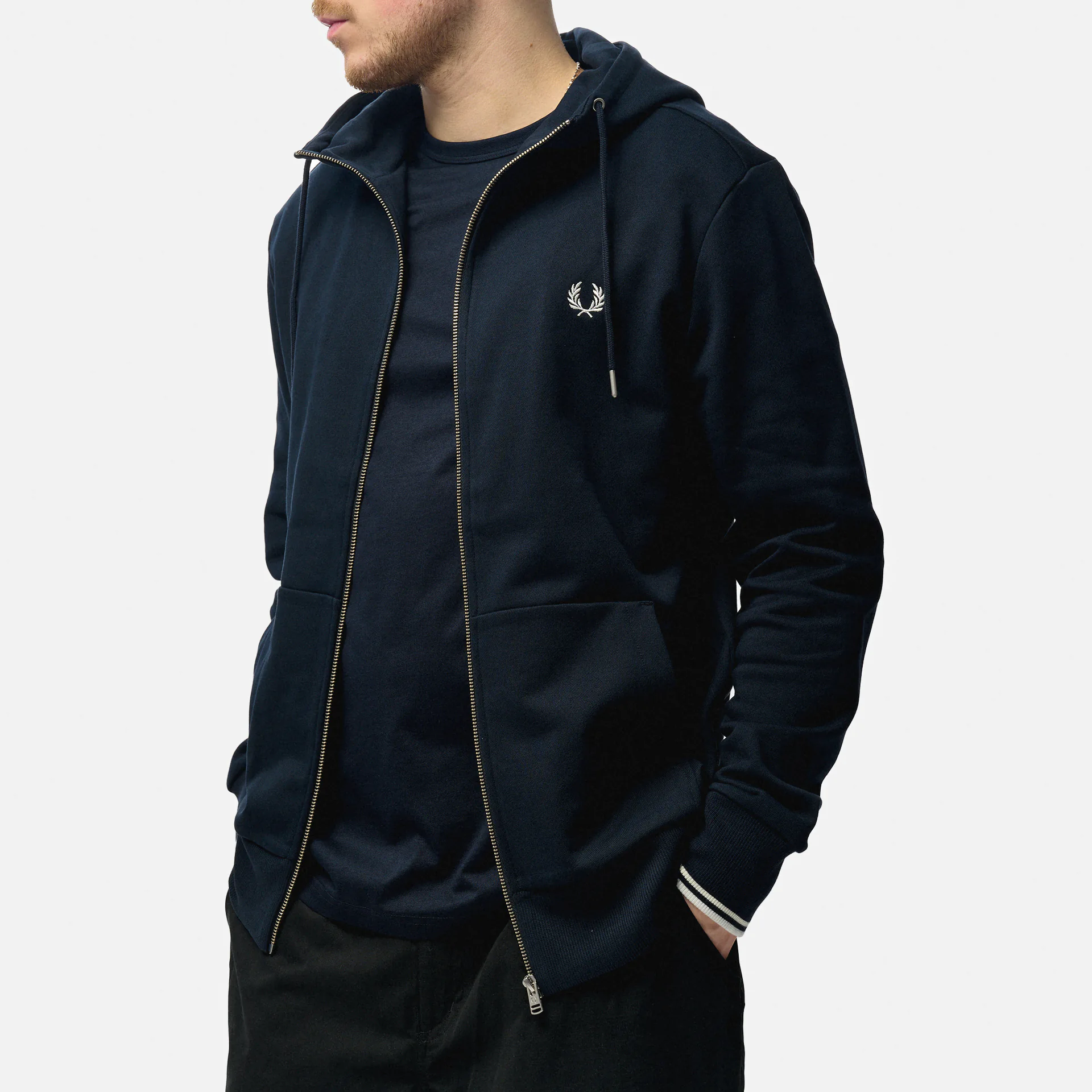 Fred Perry Hooded Zip Through Sweatshirt Navy