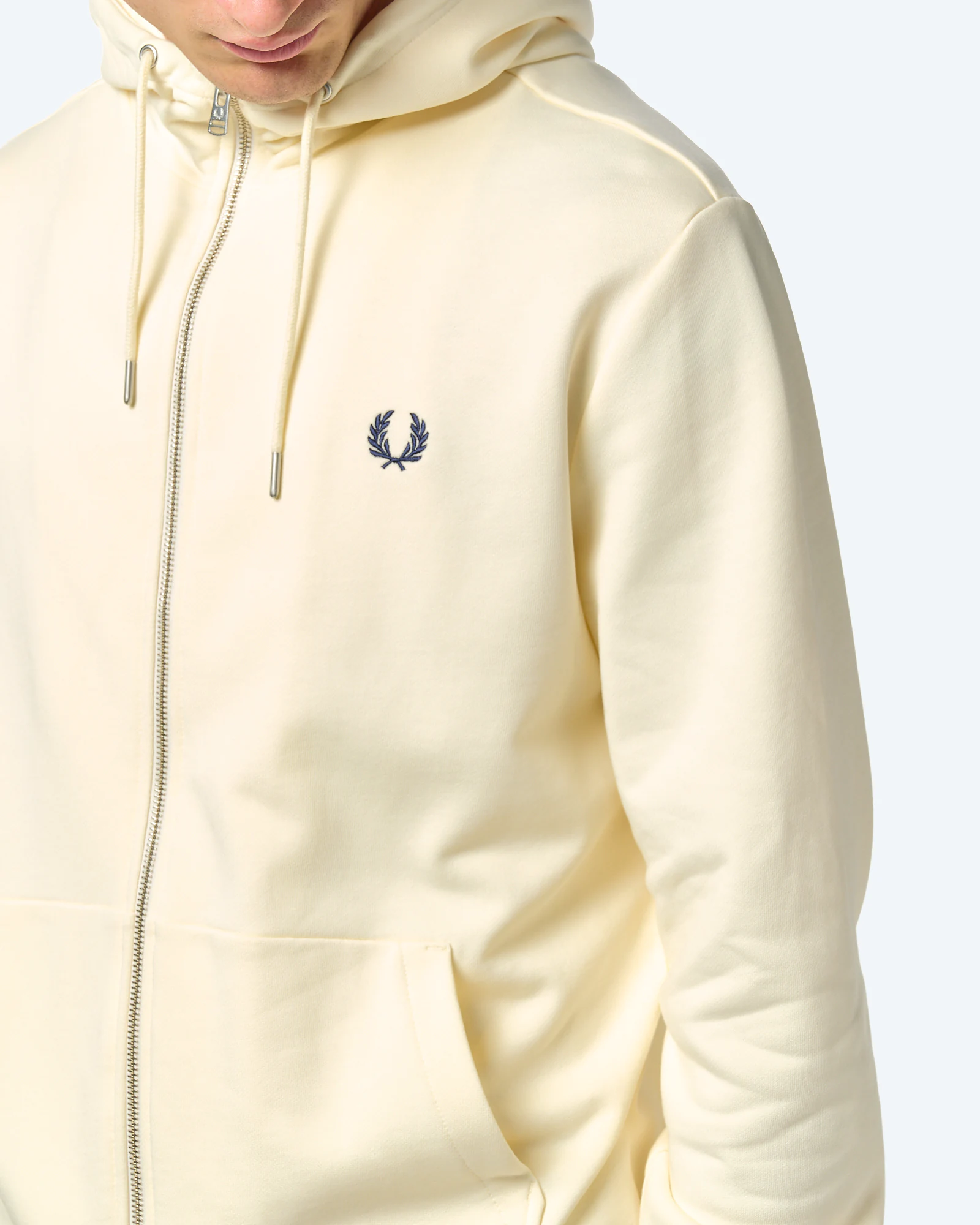 Fred Perry Hooded Zip Through Sweatshirt Ecru / Dusky Blue / French Navy