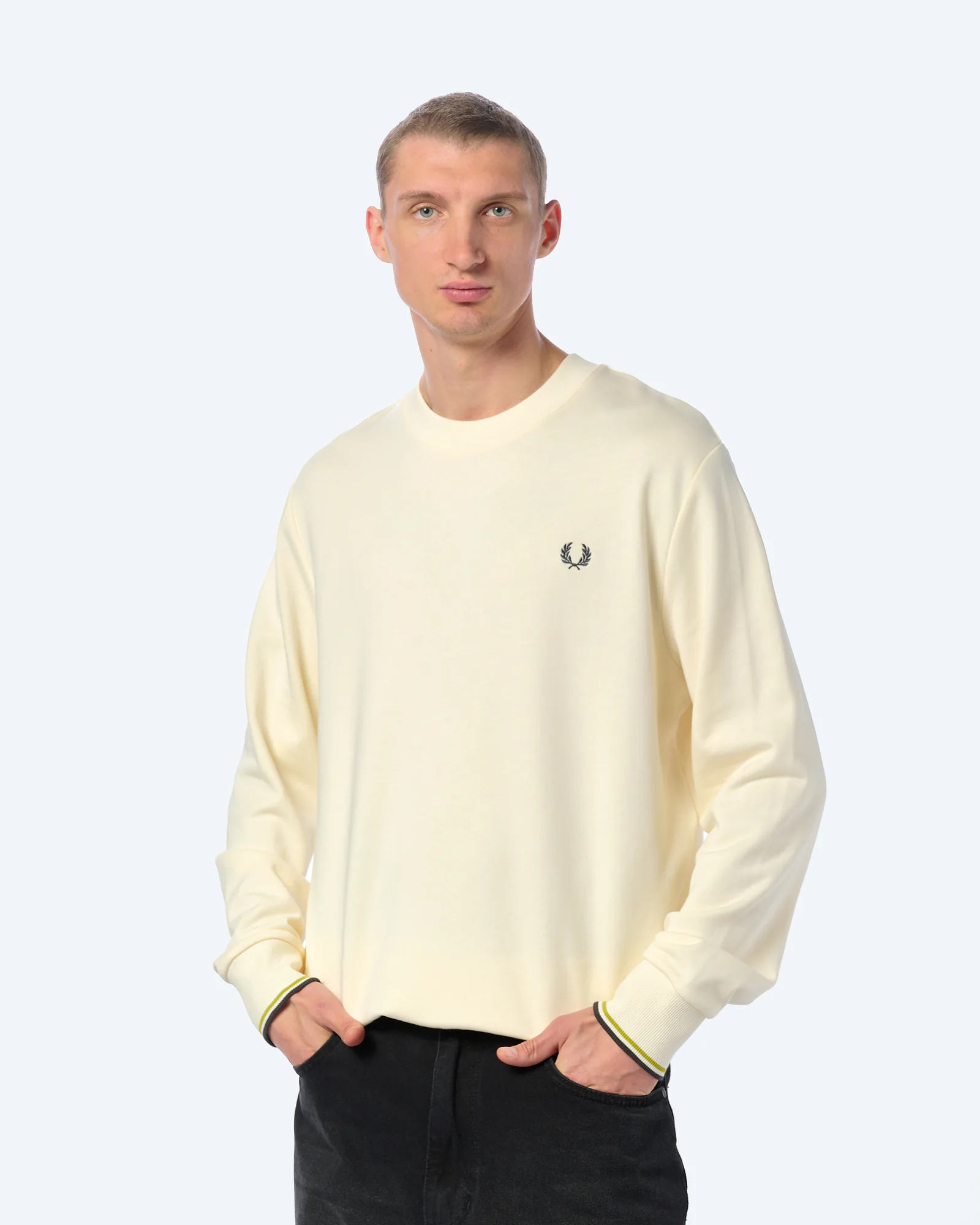 Fred Perry Crew Neck Sweatshirt Ecru/Tennisballgelb/Ankergrau Fred Perry Crew Neck Sweatshirt Ecru/Tennisballgelb/Ankergrau