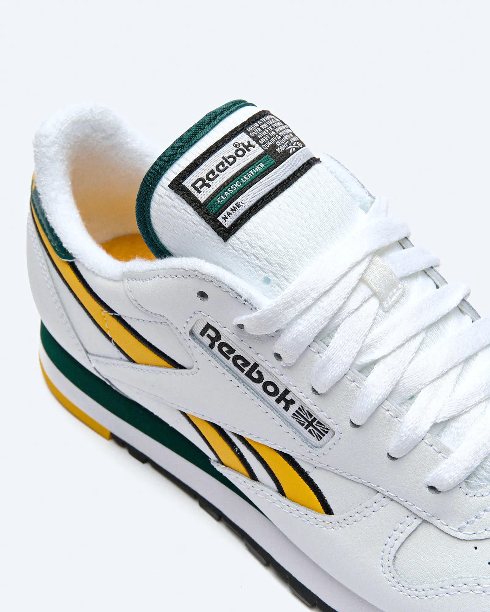 Reebok Classic Leather Sneaker White/Fierce Gold/Collegiate Green Reebok Classic Leather Sneaker White/Fierce Gold/Collegiate Green