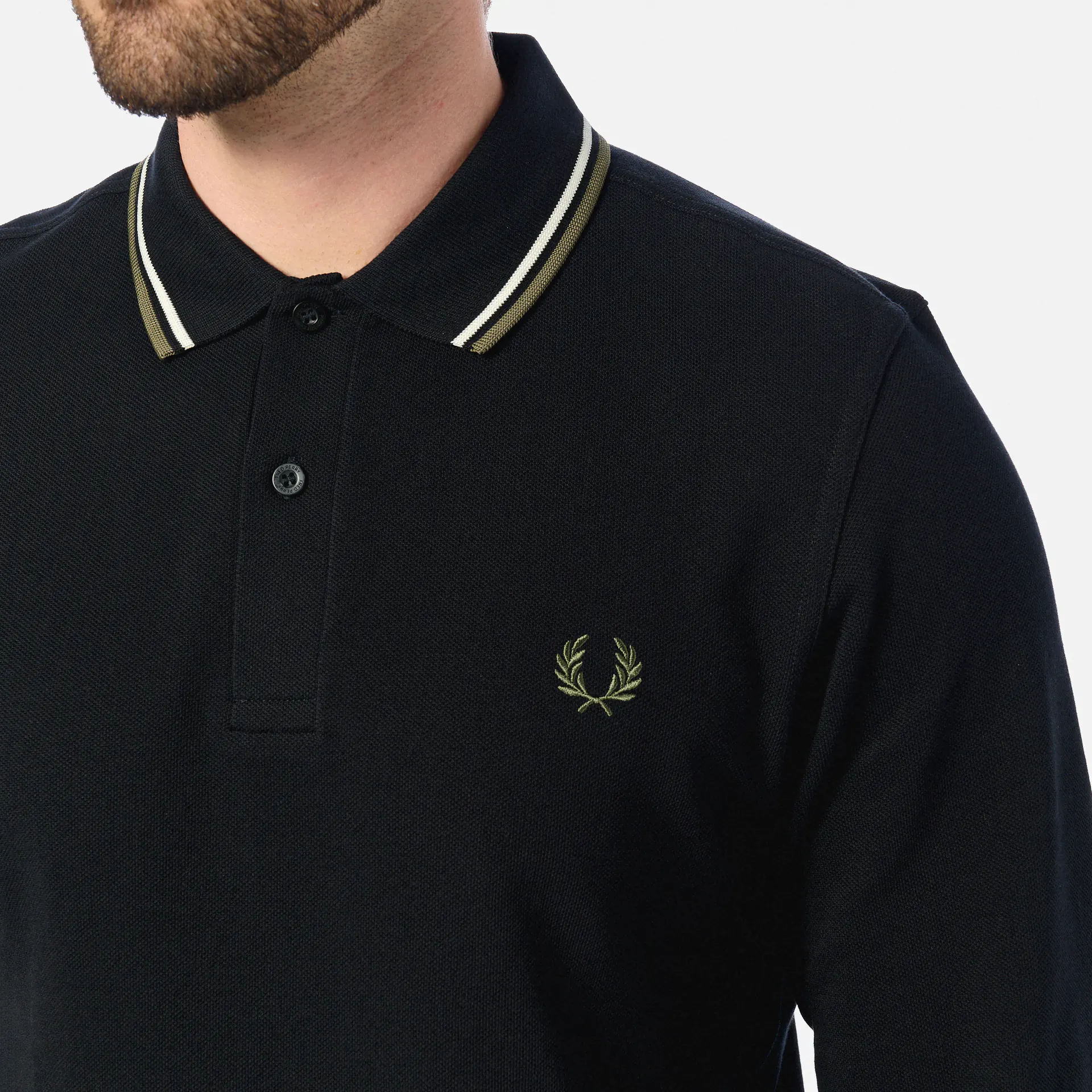 Fred Perry Twin Tipped Longsleeve Shirt Black/Ecru/Laurel Wreath Green