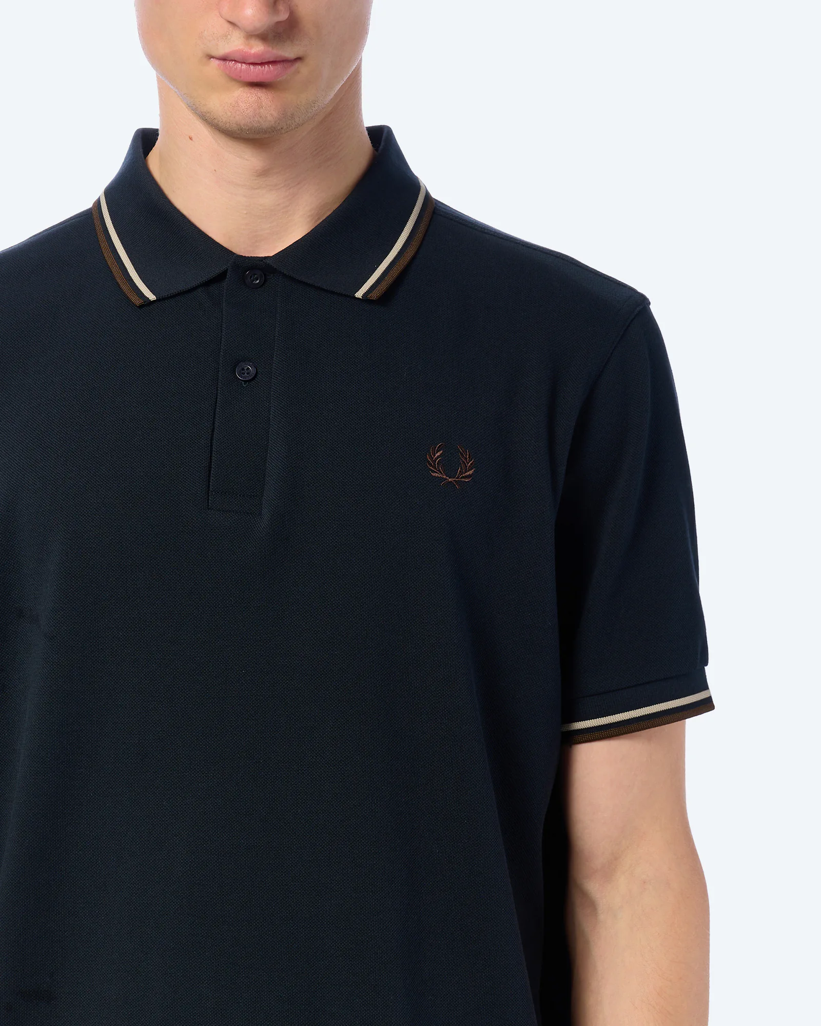 Fred Perry Twin Tipped Polo Shirt Navy/Warm Oat/Burnt Tobacco Fred Perry Twin Tipped Polo Shirt Navy/Warm Oat/Burnt Tobacco