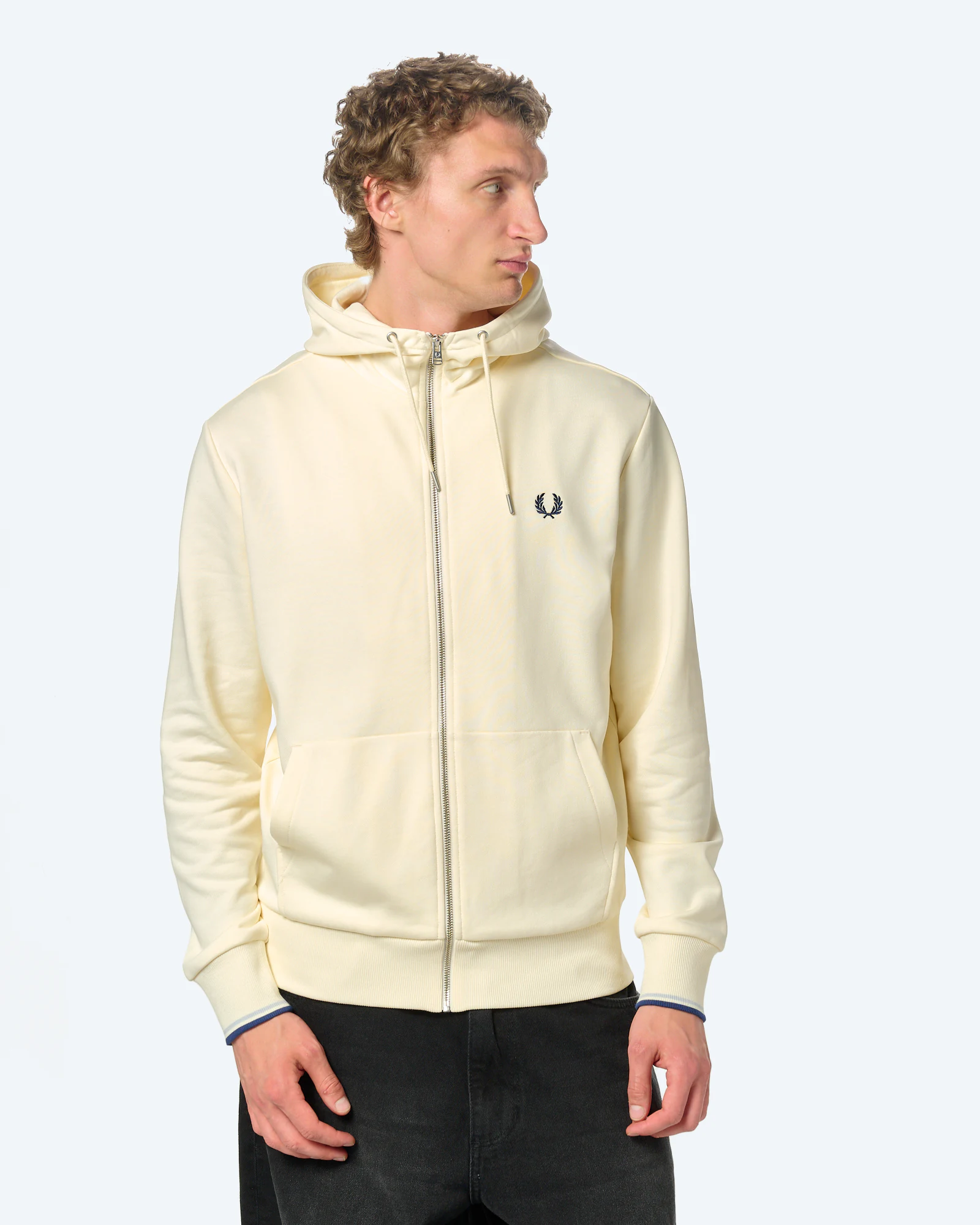 Fred Perry Hooded Zip Through Sweatshirt Ecru / Dusky Blue / French Navy