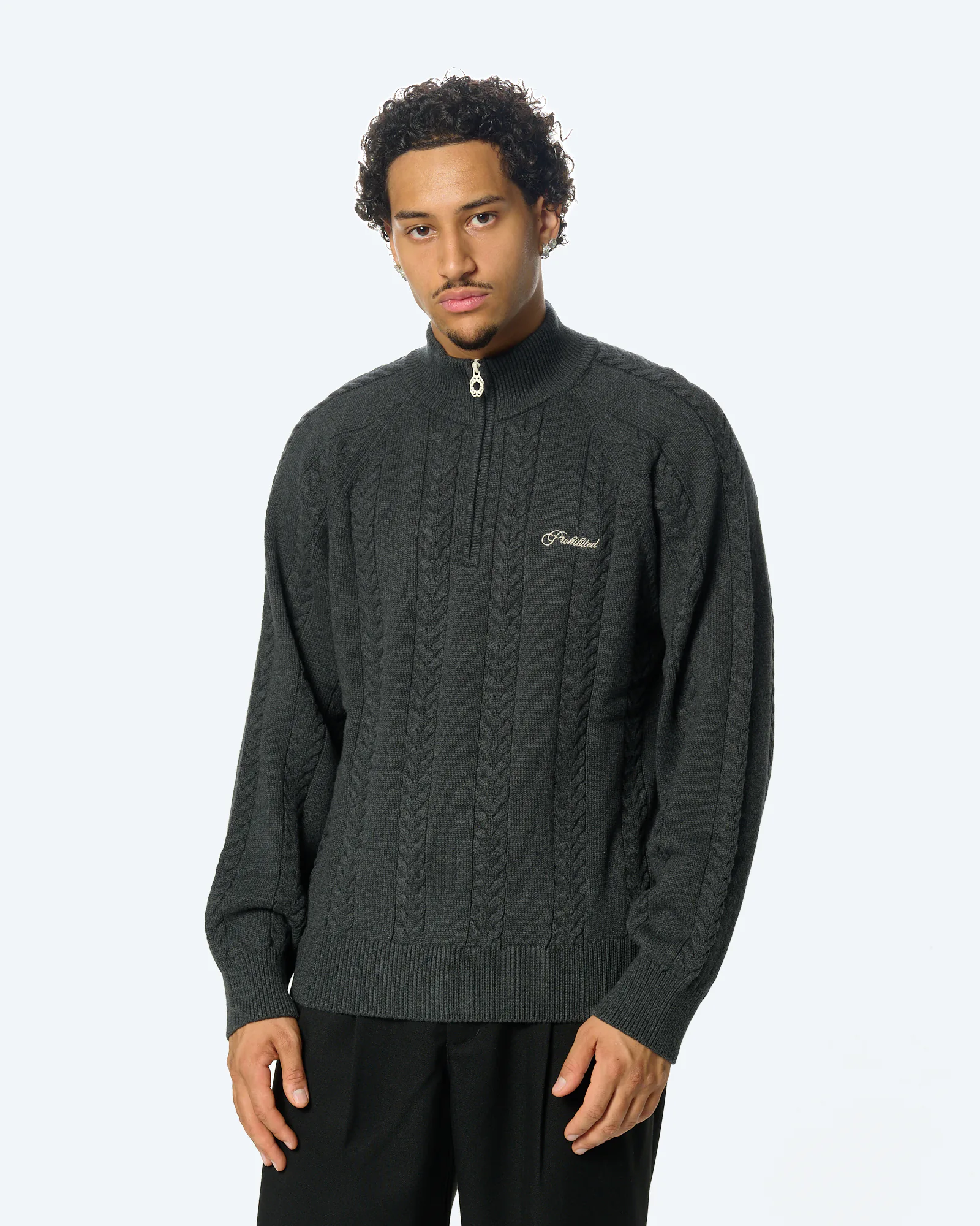 Cable Knit Quarter-Zip Dark Grey