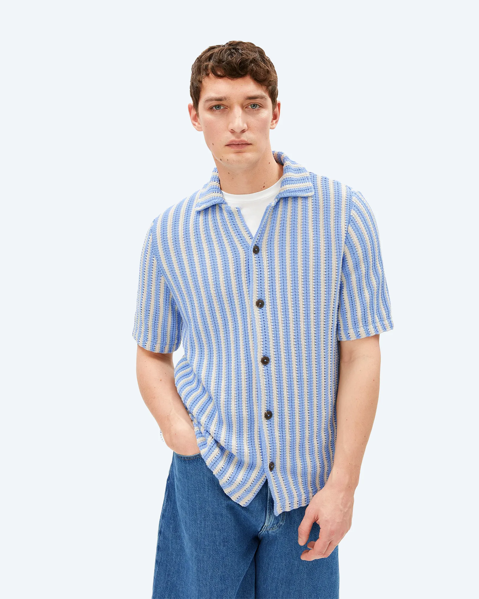 ARMEDANGELS STRIPED KNIT POLOSHIRT Pure-Wedgwood