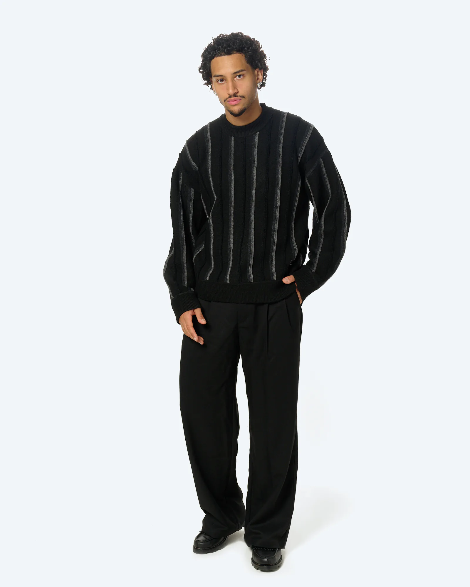 Chenille Stripe Sweater in Black/Grey
