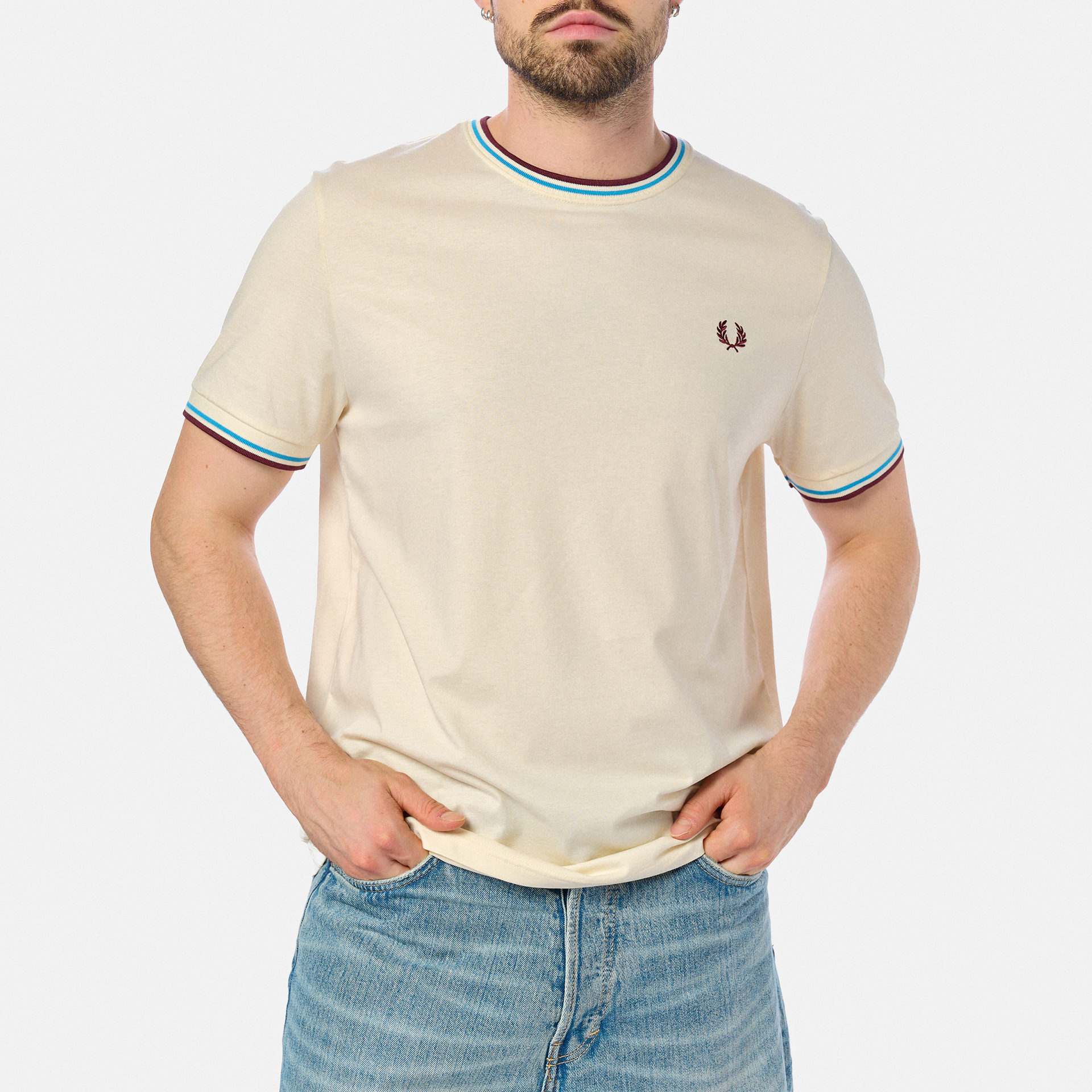 Fred Perry Twin Tipped T-Shirt Ecru/Court Blue/Oxblood