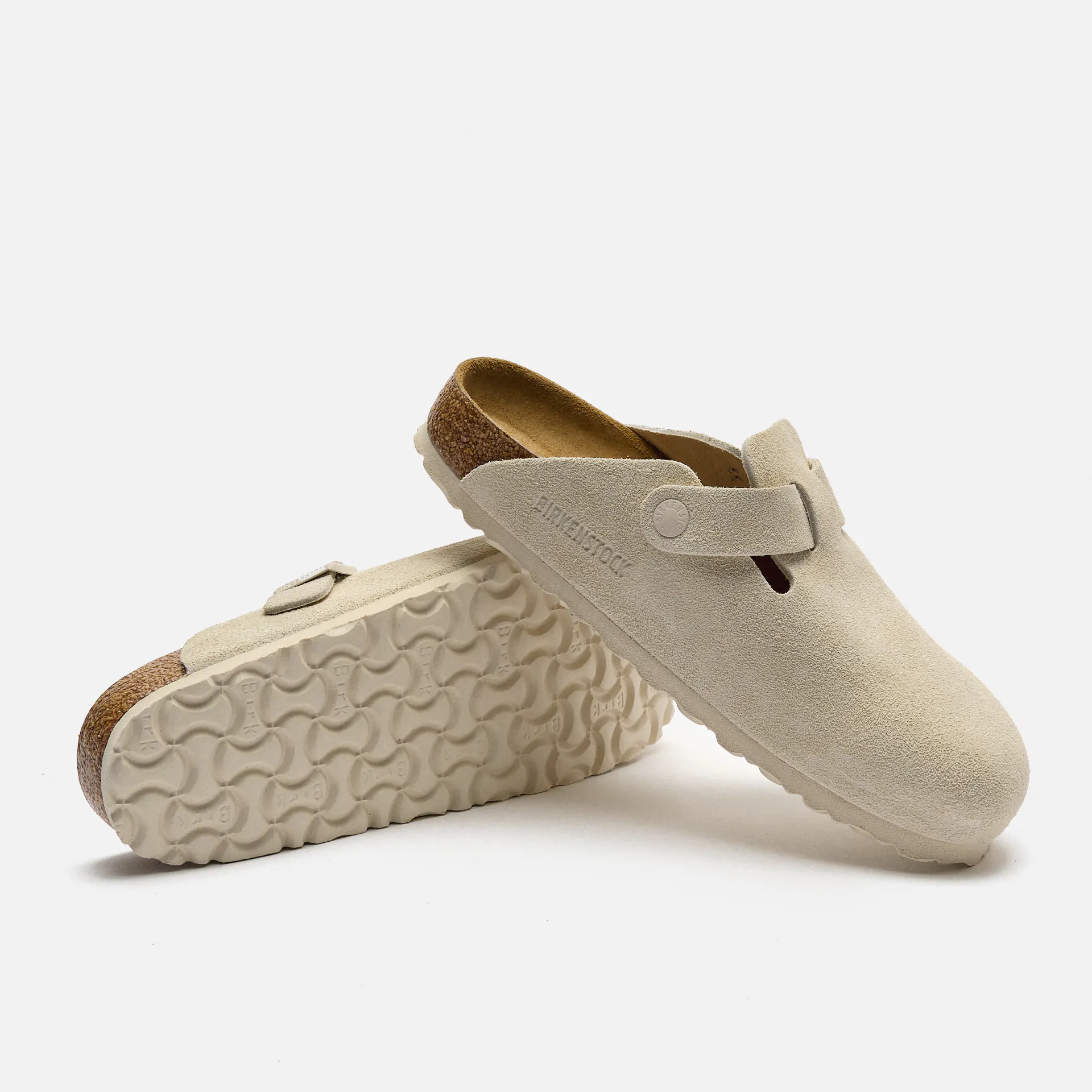 Birkenstock Boston Soft Footbed Suede Leather Narrow Sandals Antique White