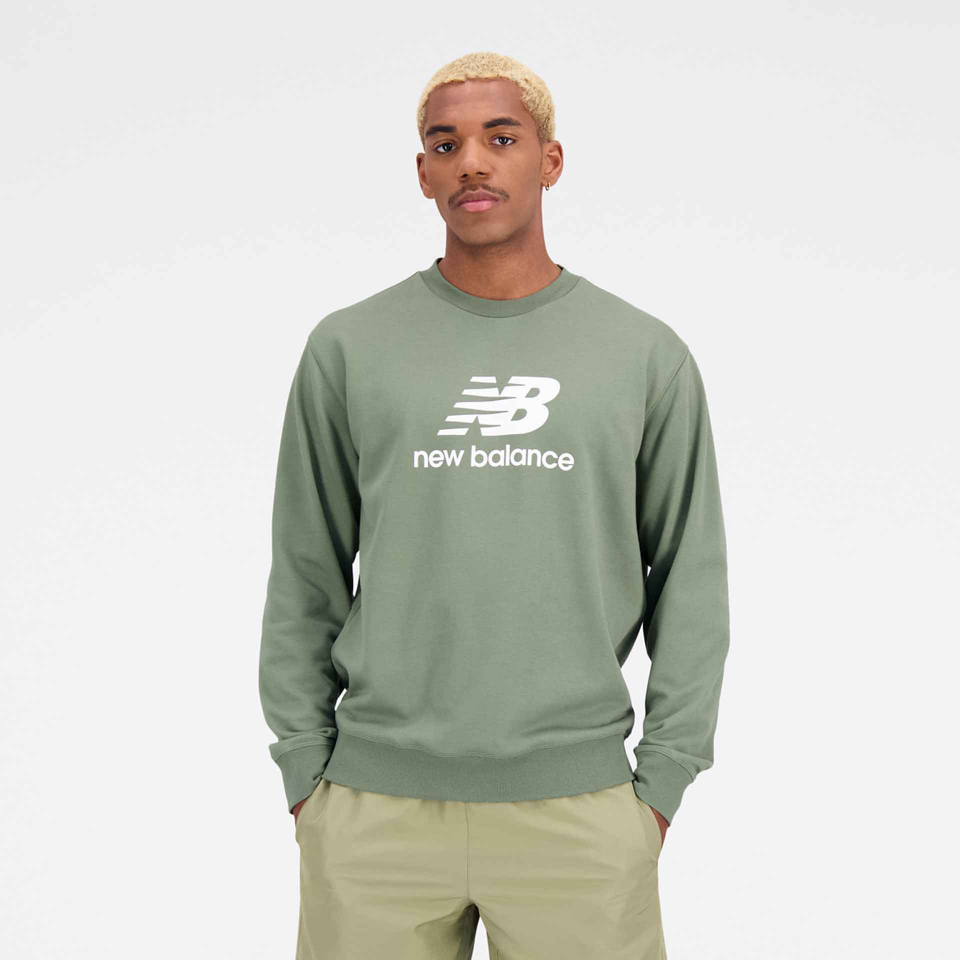 New Balance Essentials Stacked Logo French Terry Crewneck Olive