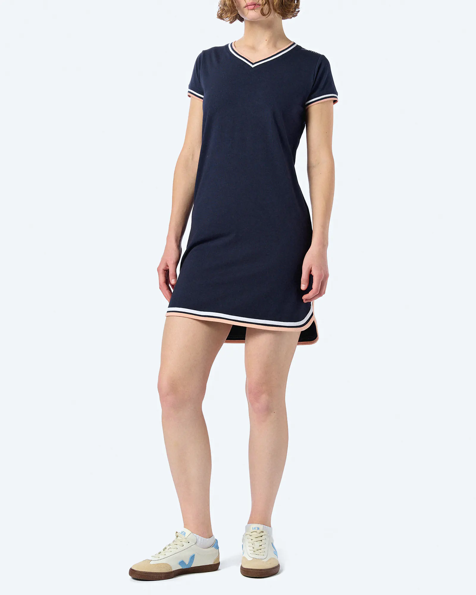 Kleinigkeit Görls Skörti V-Neck Dress Navy/Rosa Stripe Kleinigkeit Görls Skörti V-Neck Dress Navy/Rosa Stripe